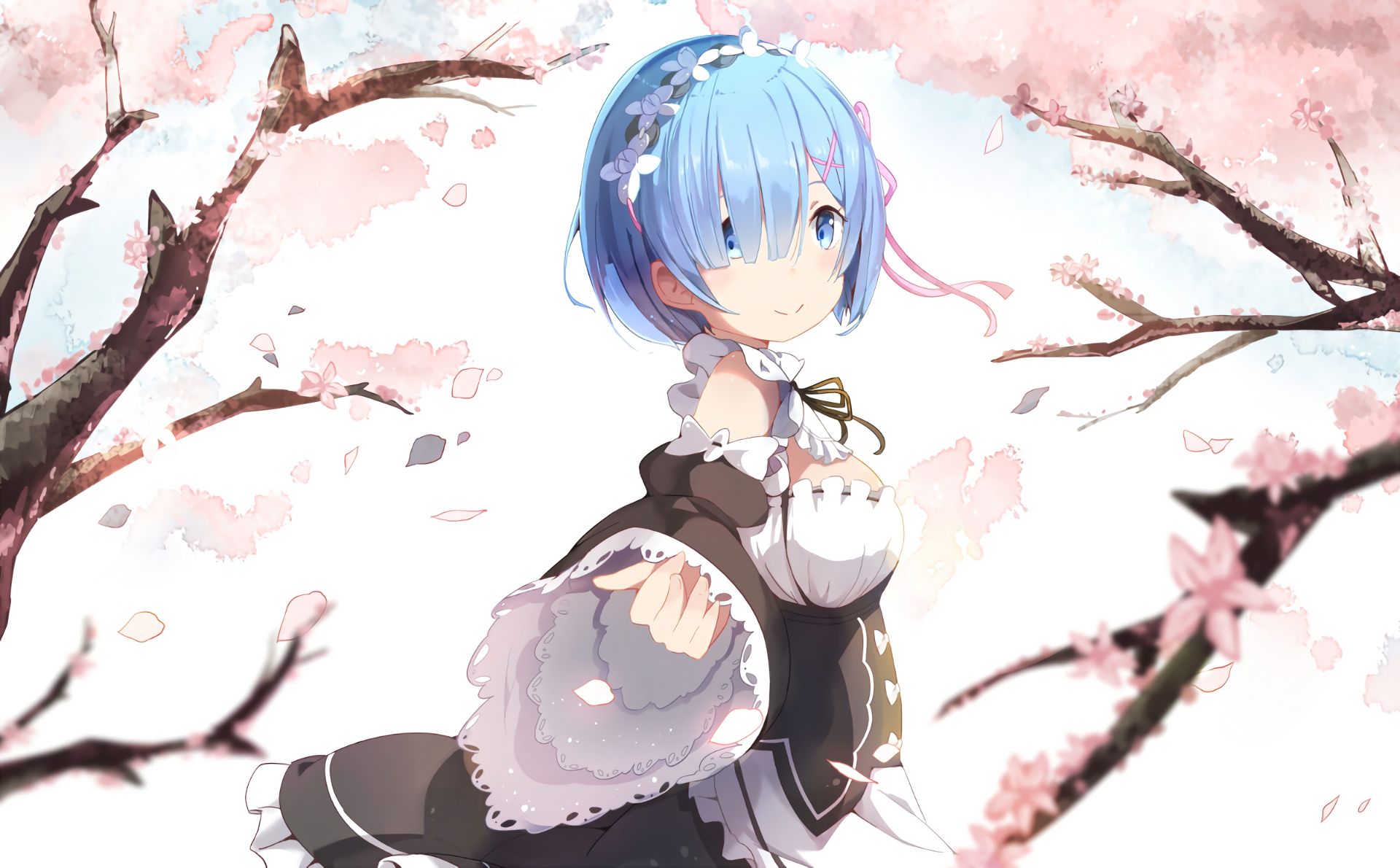 anime, maid, re:zero starting life in another world, face, short hair, blossom, blue eyes, blue hair, rem (re:zero) download HD wallpaper