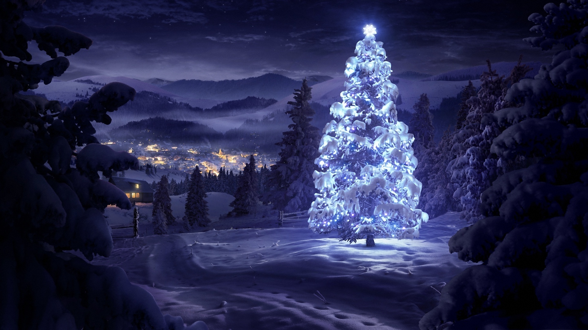 snow, christmas, purple, landscape, winter, holiday, christmas tree QHD