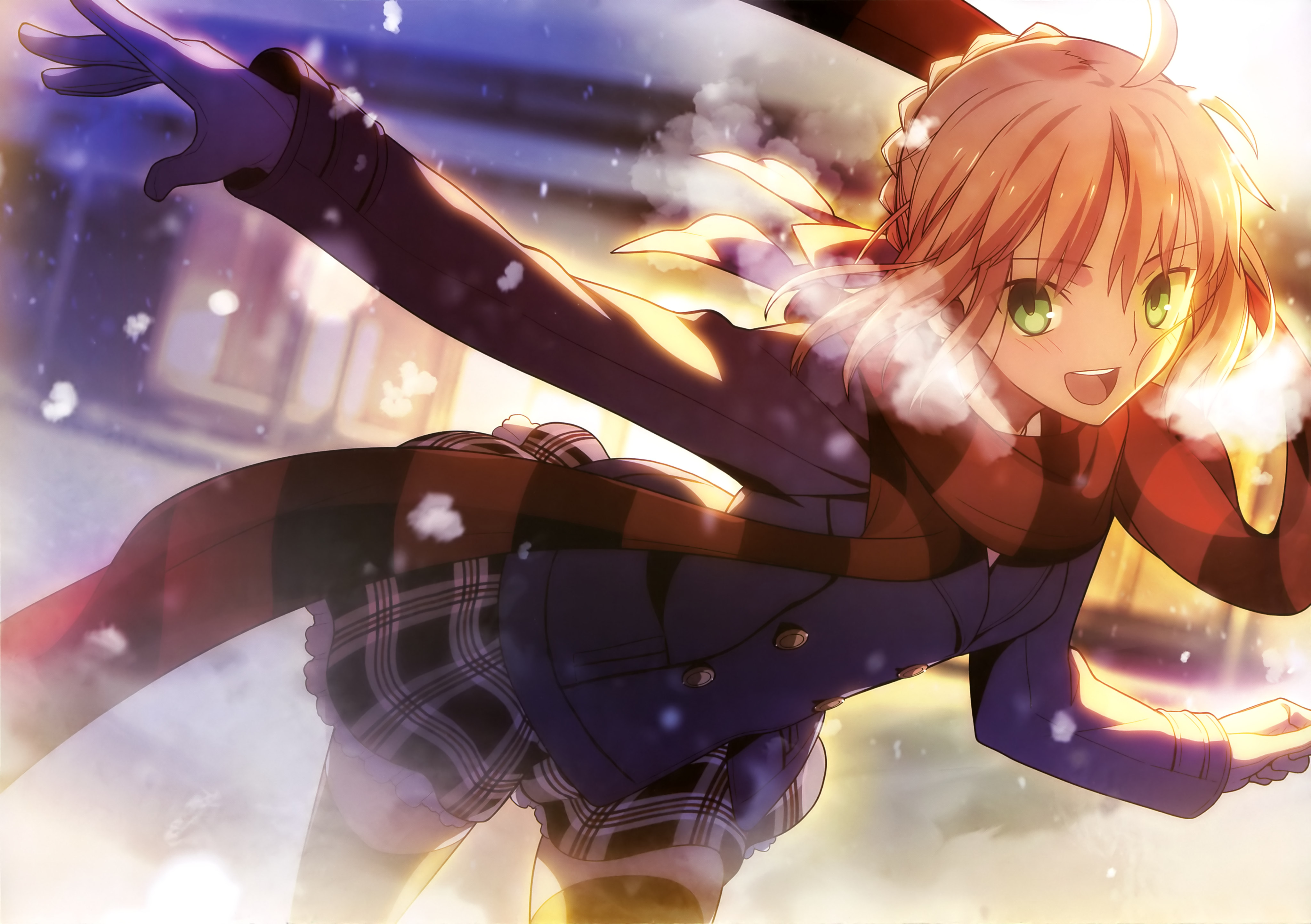 winter, anime, fate/stay night, fate (series), glove, green eyes, jacket, orange hair, saber (fate series), scarf, skirt, smile, thigh highs, fate series cellphone