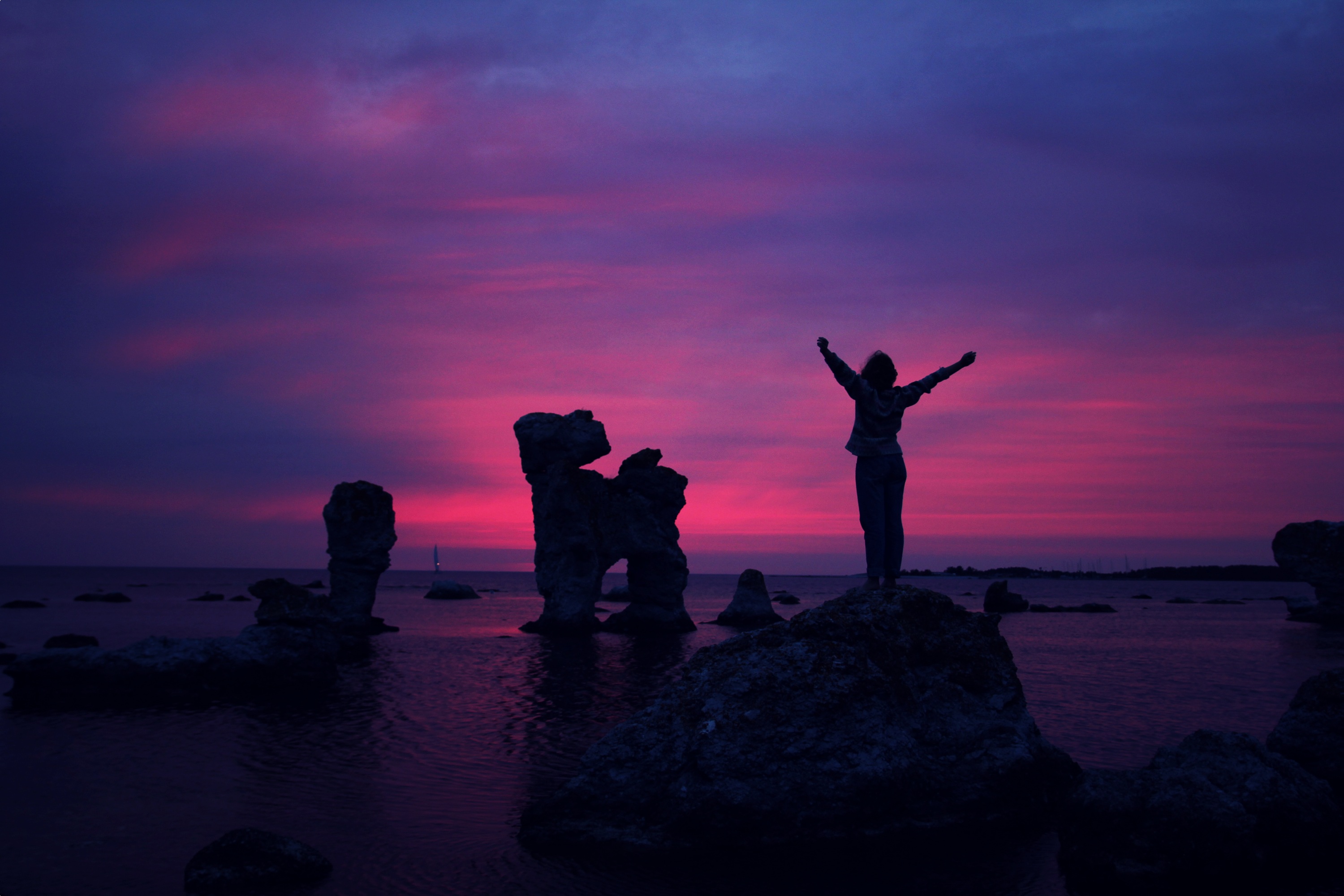 sea, human, rocks, sunset download for free