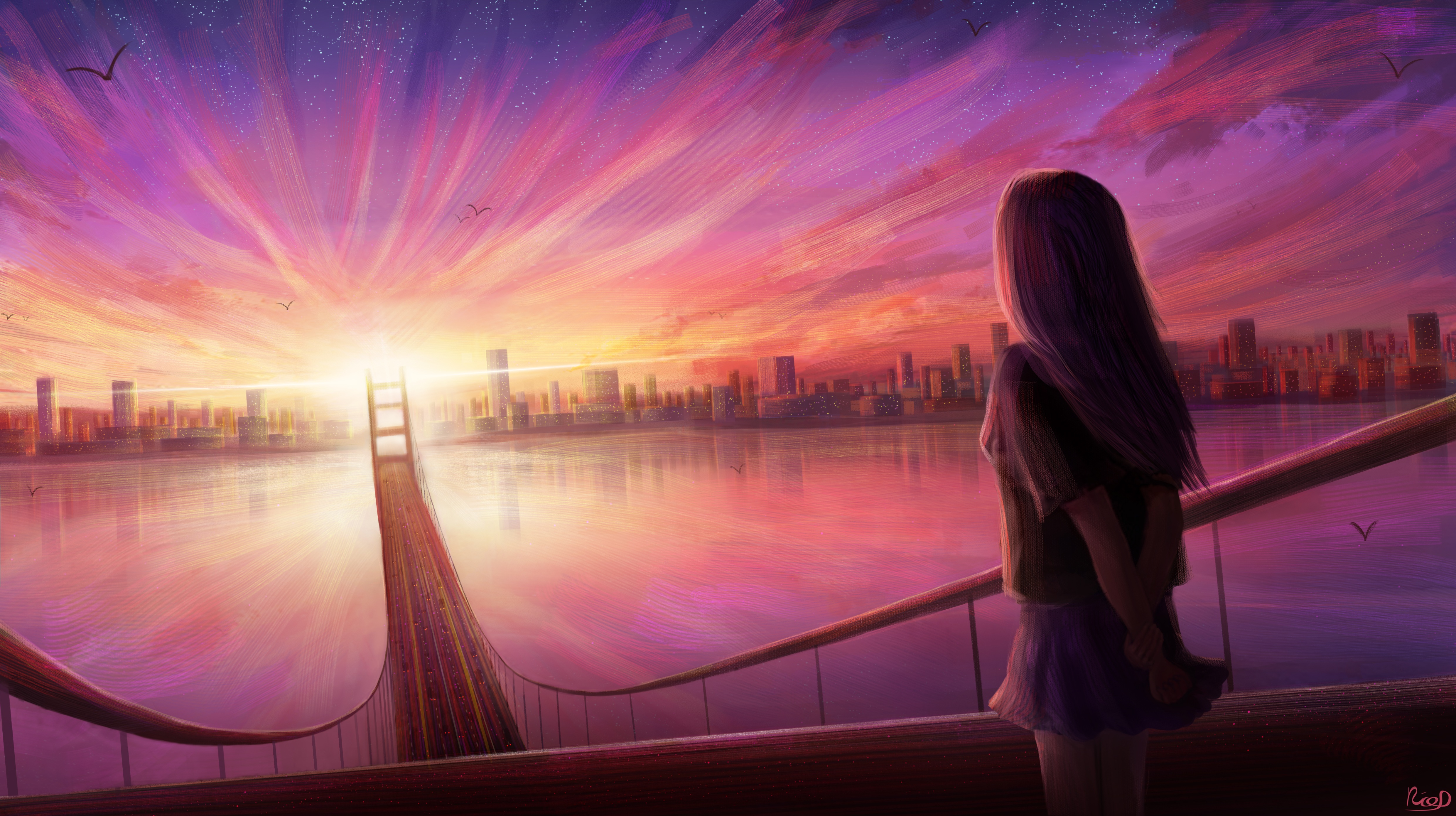 evening, anime, sunset, bridge High Definition image