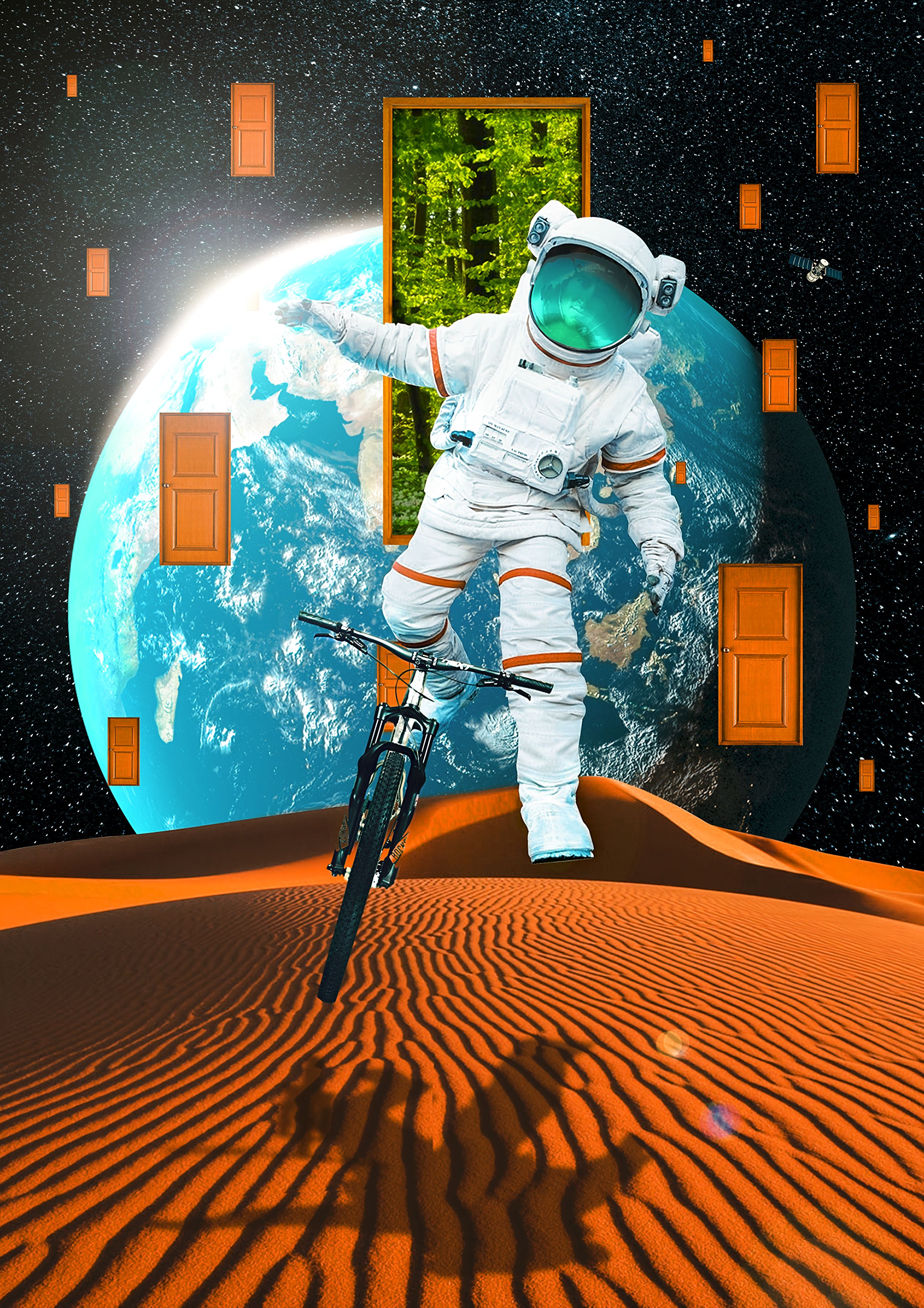 QHD wallpaper planet, spacesuit, miscellaneous, bicycle
