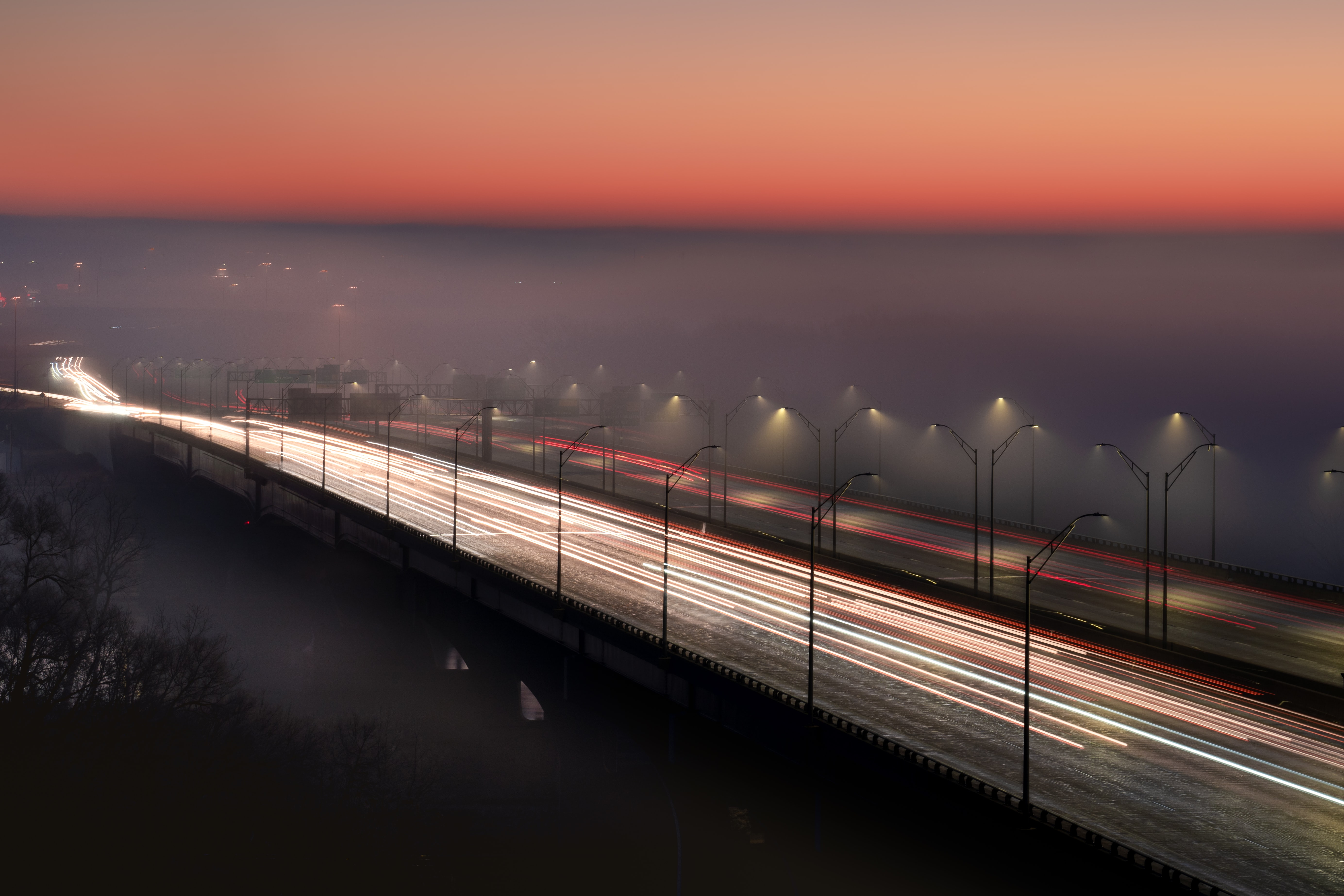dusk, twilight, lights, miscellanea, miscellaneous, road, fog, bridge wallpaper for mobile