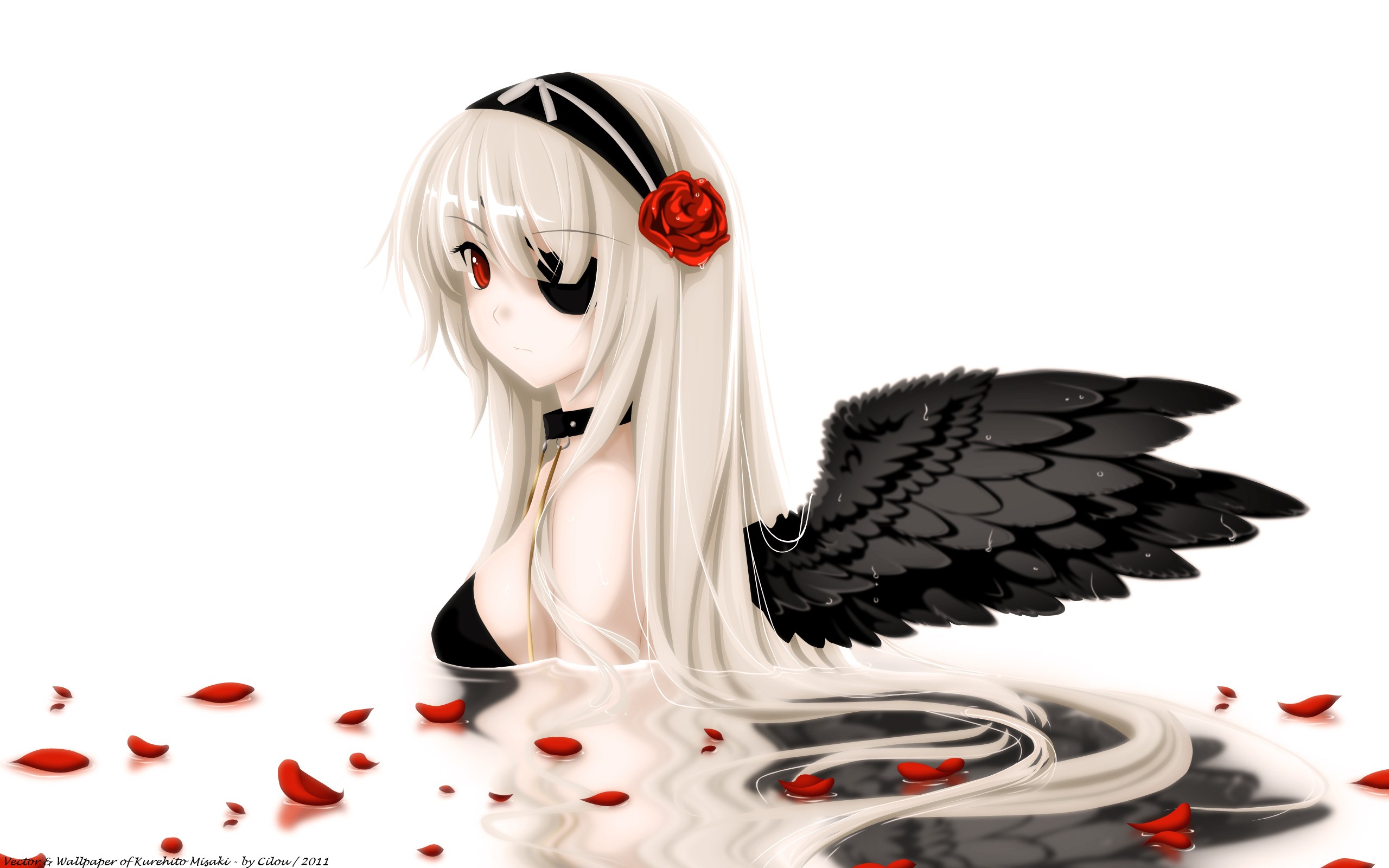 HD wallpaper anime, angel, eye patch, petal, rose, wings