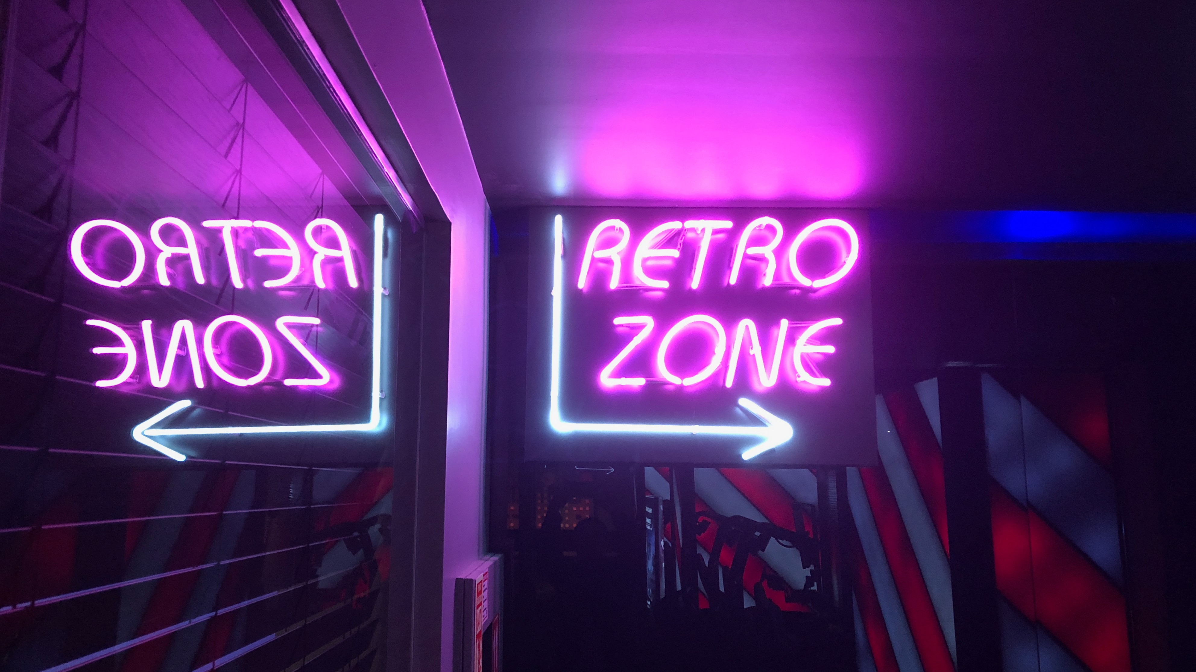 arrow, words, neon, sign, retro, signboard, zone