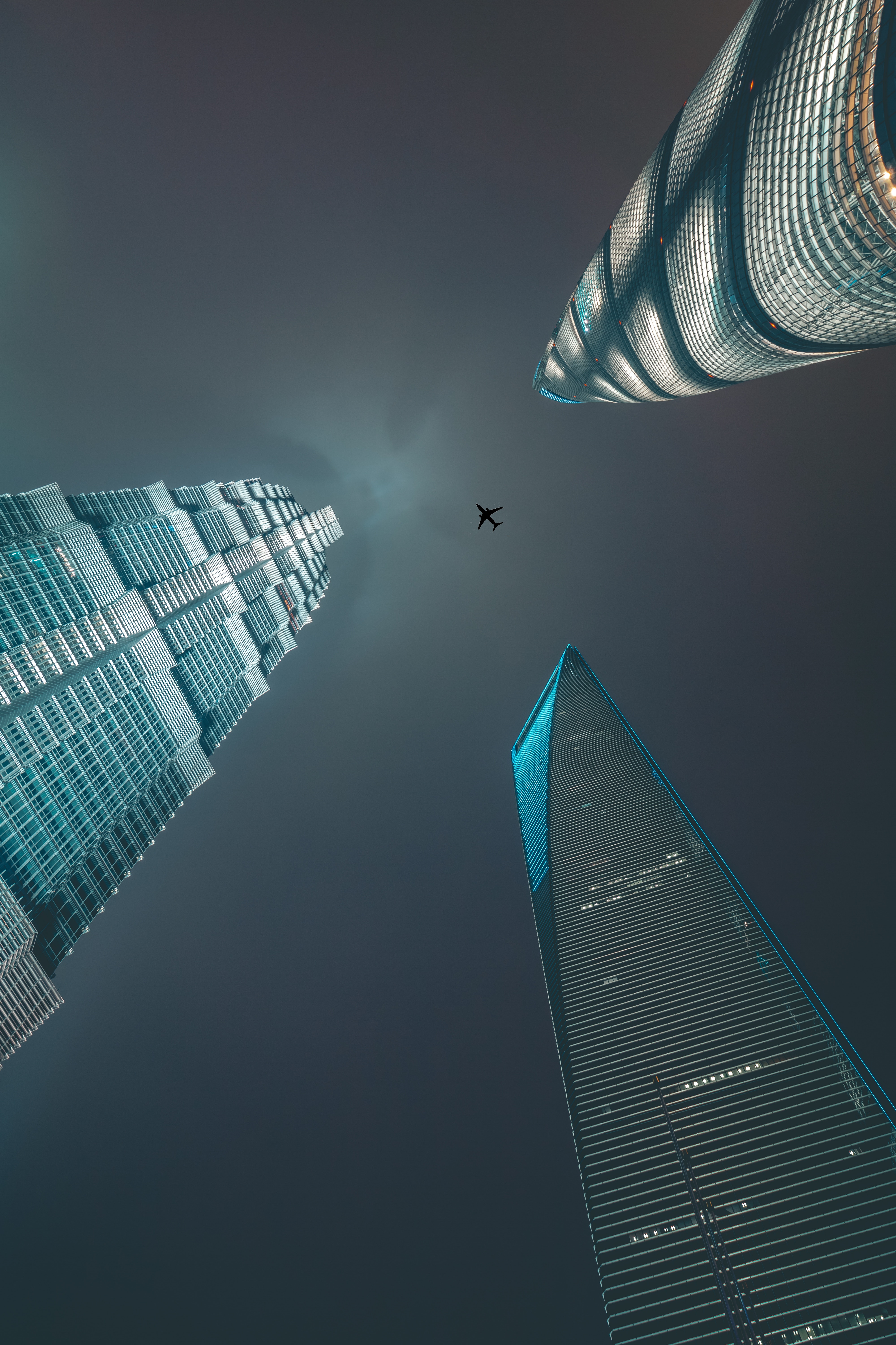 Plane skyscrapers, minimalism, bottom view, airplane 8k Backgrounds