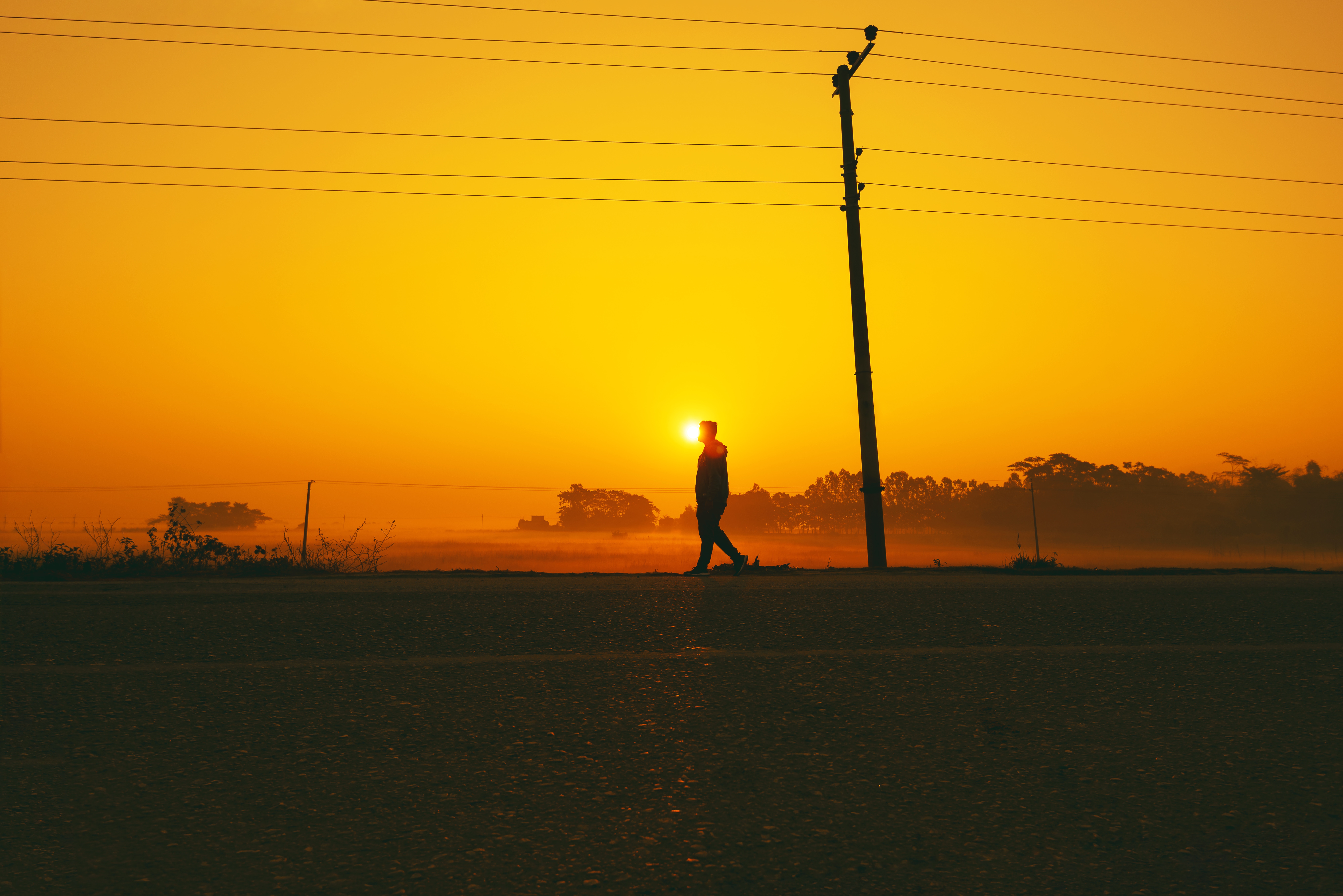 Widescreen image sunset, silhouette, stroll, post