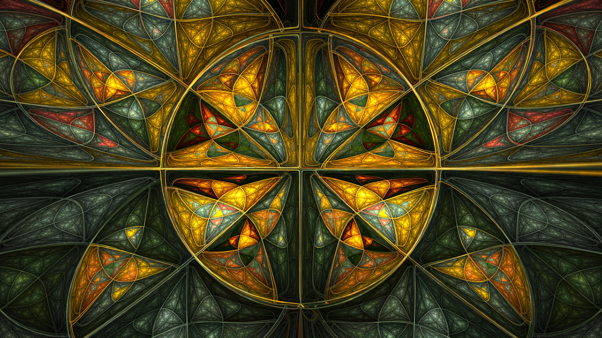 stained glass, gold, glass, abstract, fractal, green, red 1080p
