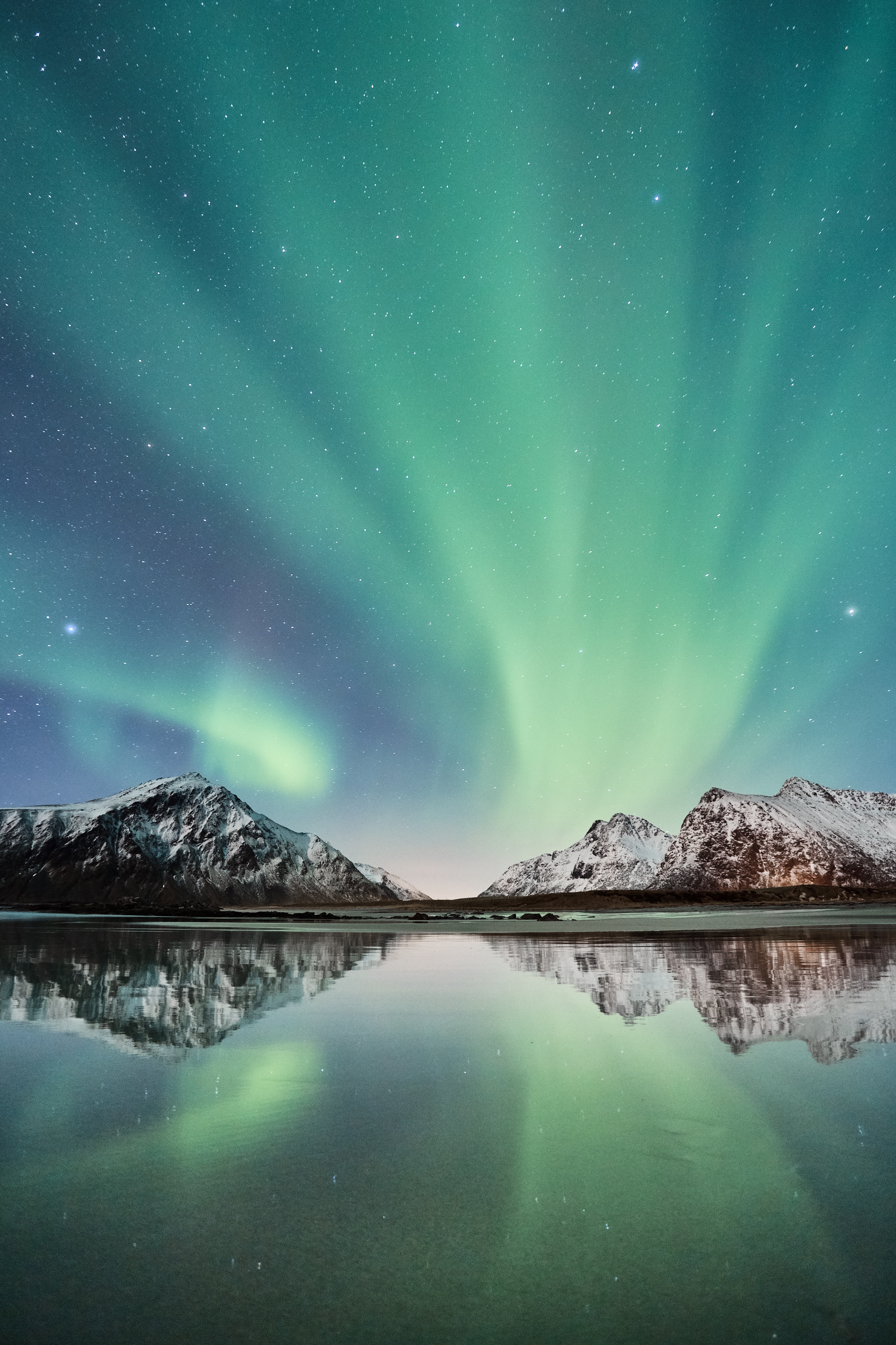 131335 Hintergrundbild herunterladen natur, mountains, schnee, reflexion, nordlichter, aurora borealis, norwegen, lofoten-inseln - Bildschirmschoner und Bilder kostenlos