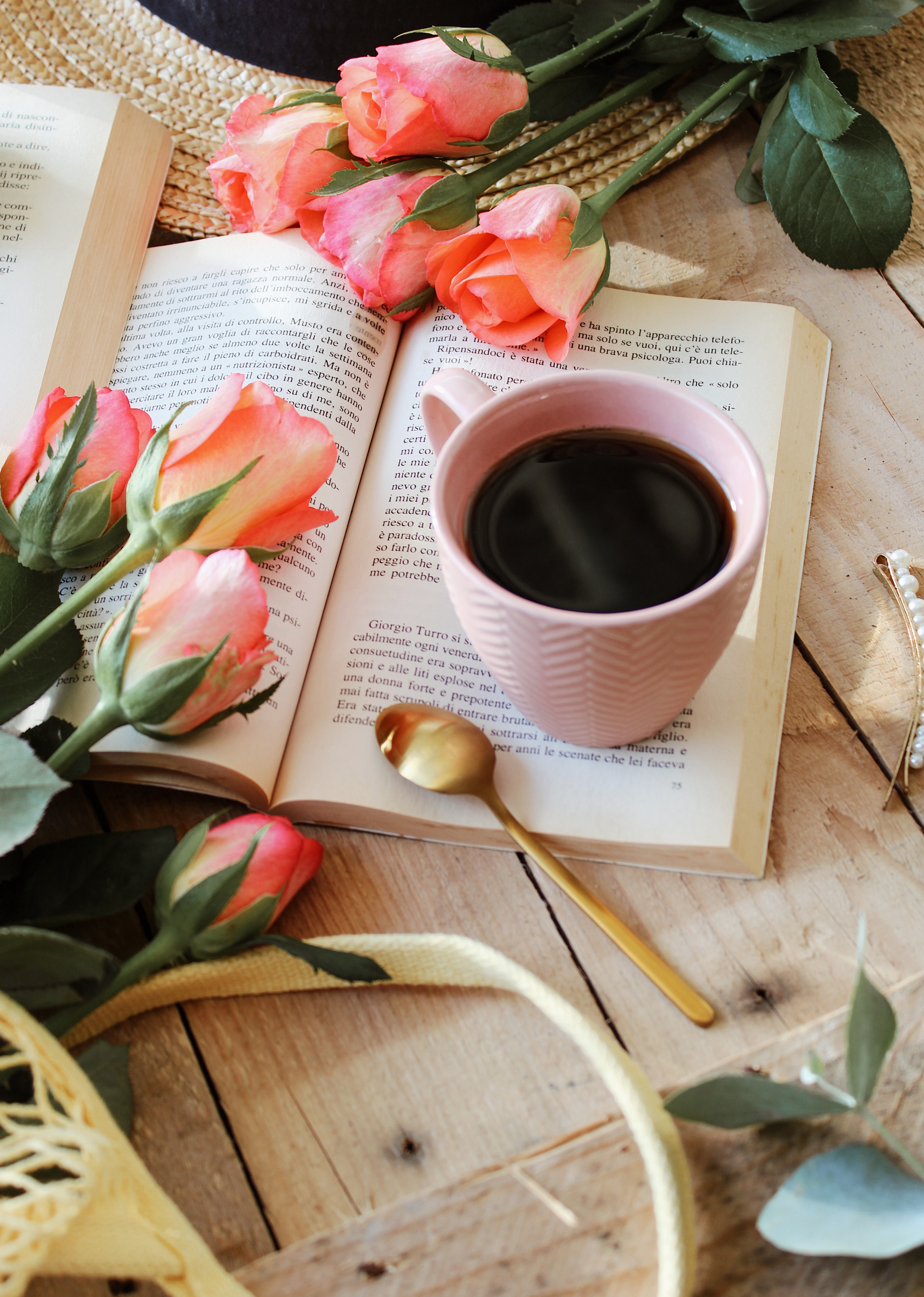 roses, book, flowers, miscellanea, miscellaneous, cup, tea 8K