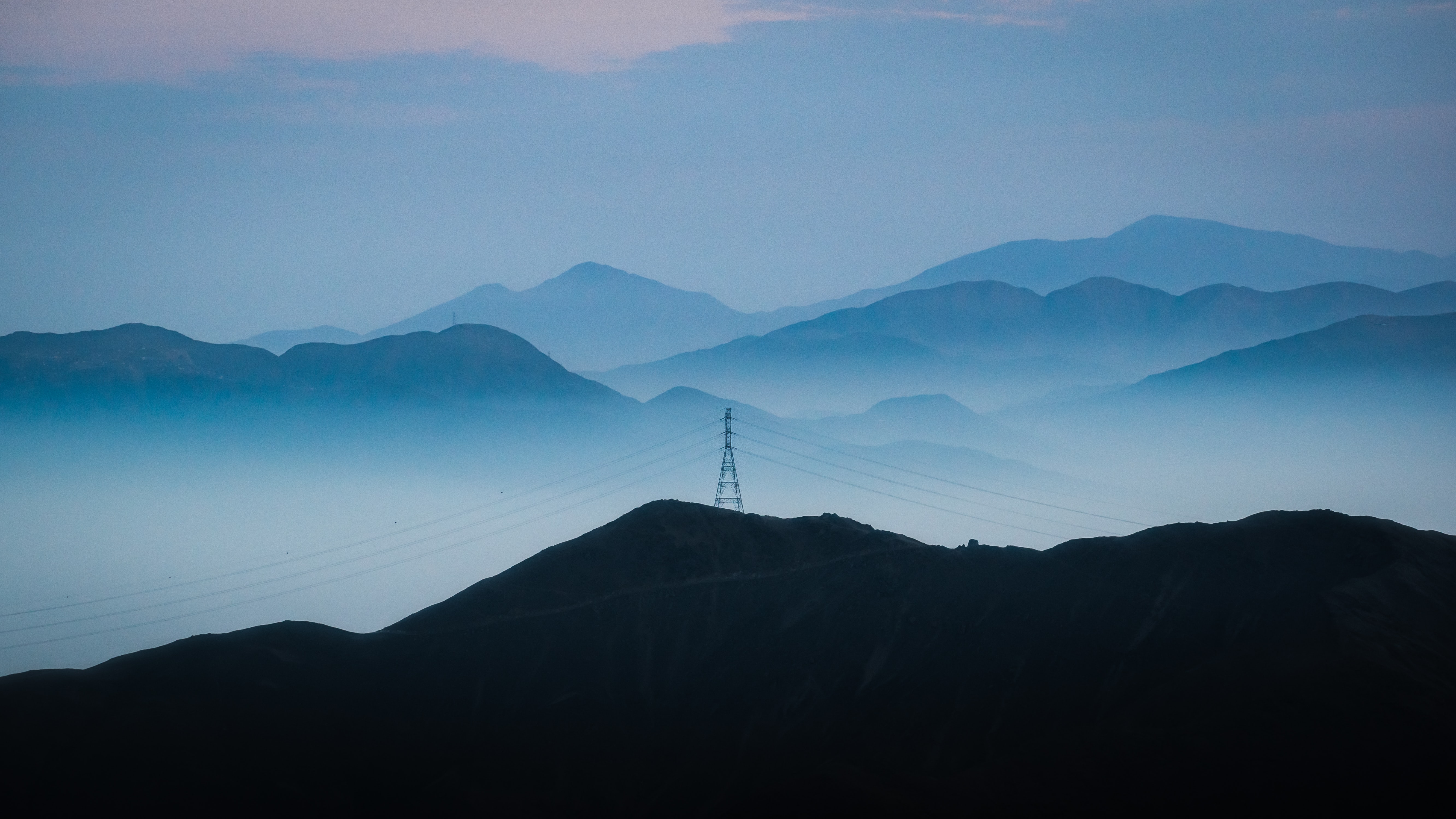 nature, fog, hills, dahl, distance, wire, wires Full HD