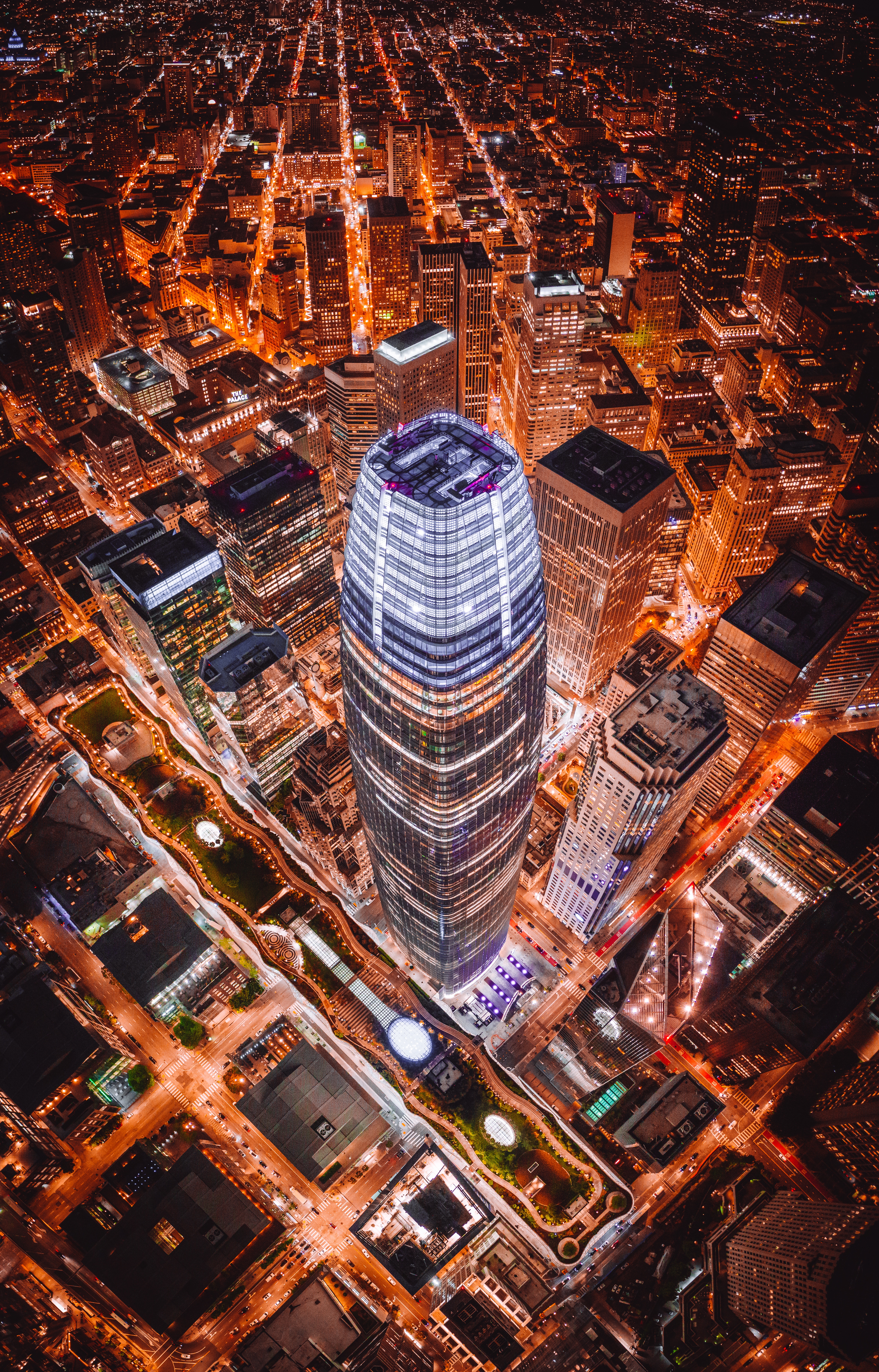 roof, tower, cities, architecture, building, view from above, night city, skyscrapers, roofs, towers Full HD