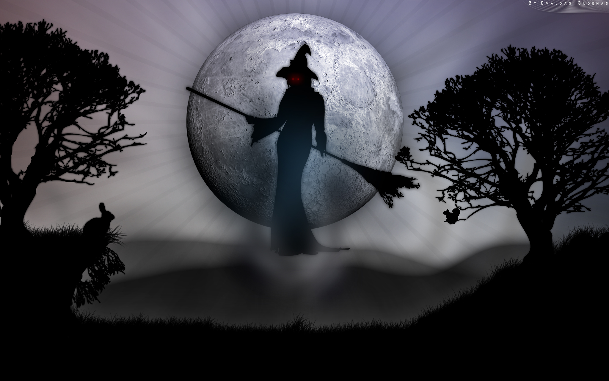 witch, holiday, halloween, moon, rabbit, red eyes, spooky 1080p