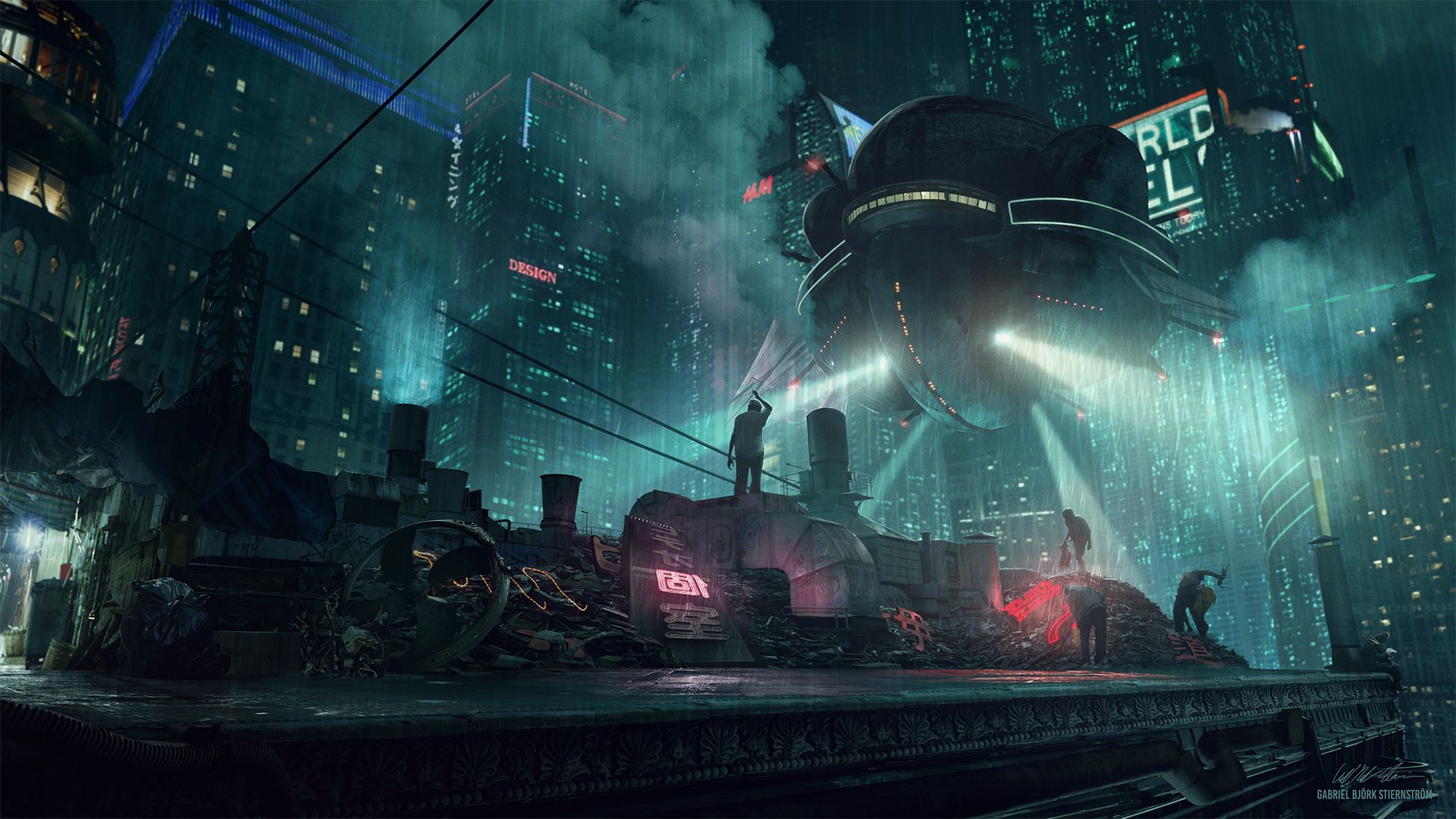 futuristic, cyberpunk, vehicle, sci fi, city, night, rain, skyscraper