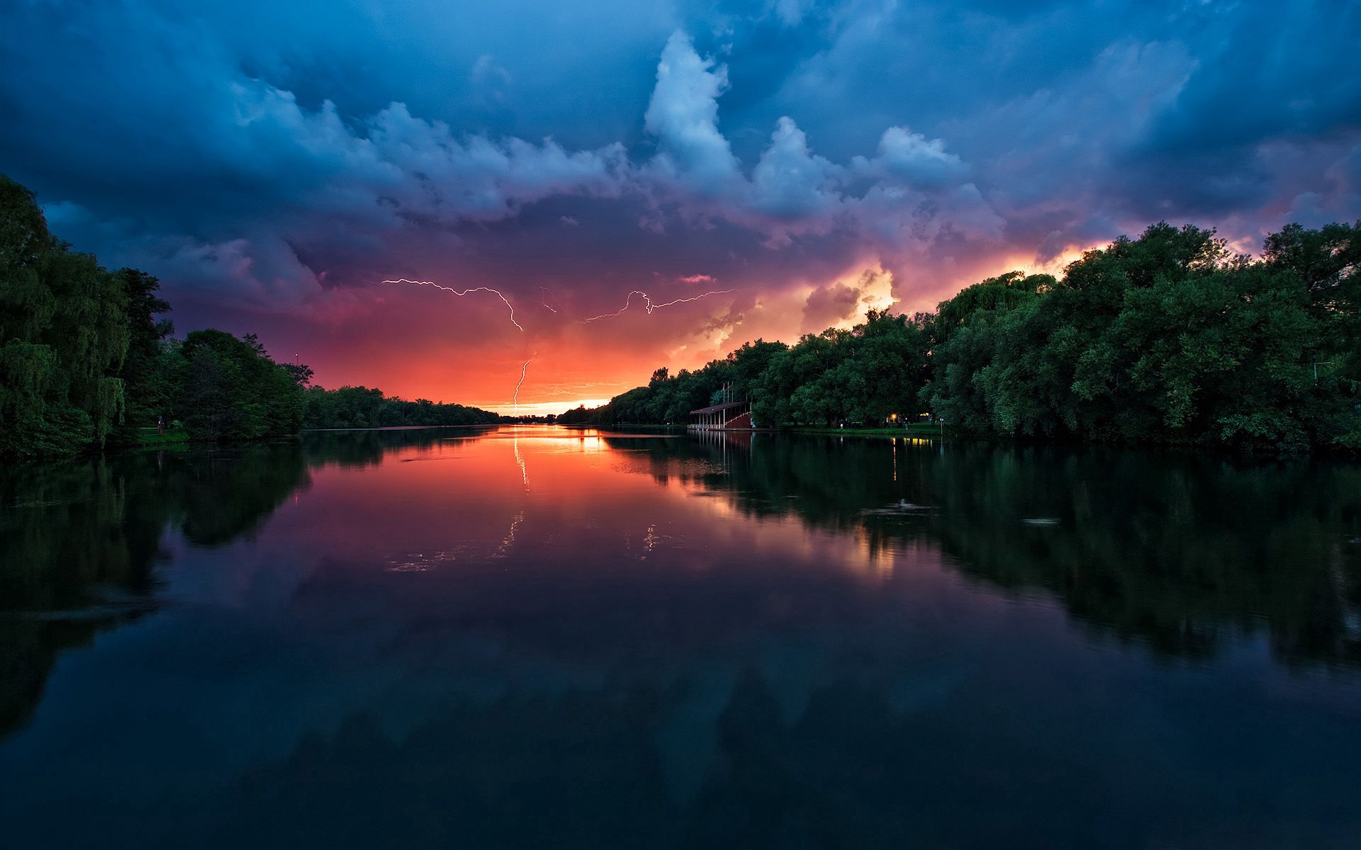rivers, thunderstorm, nature, trees, clouds, lightning, reflection, storm