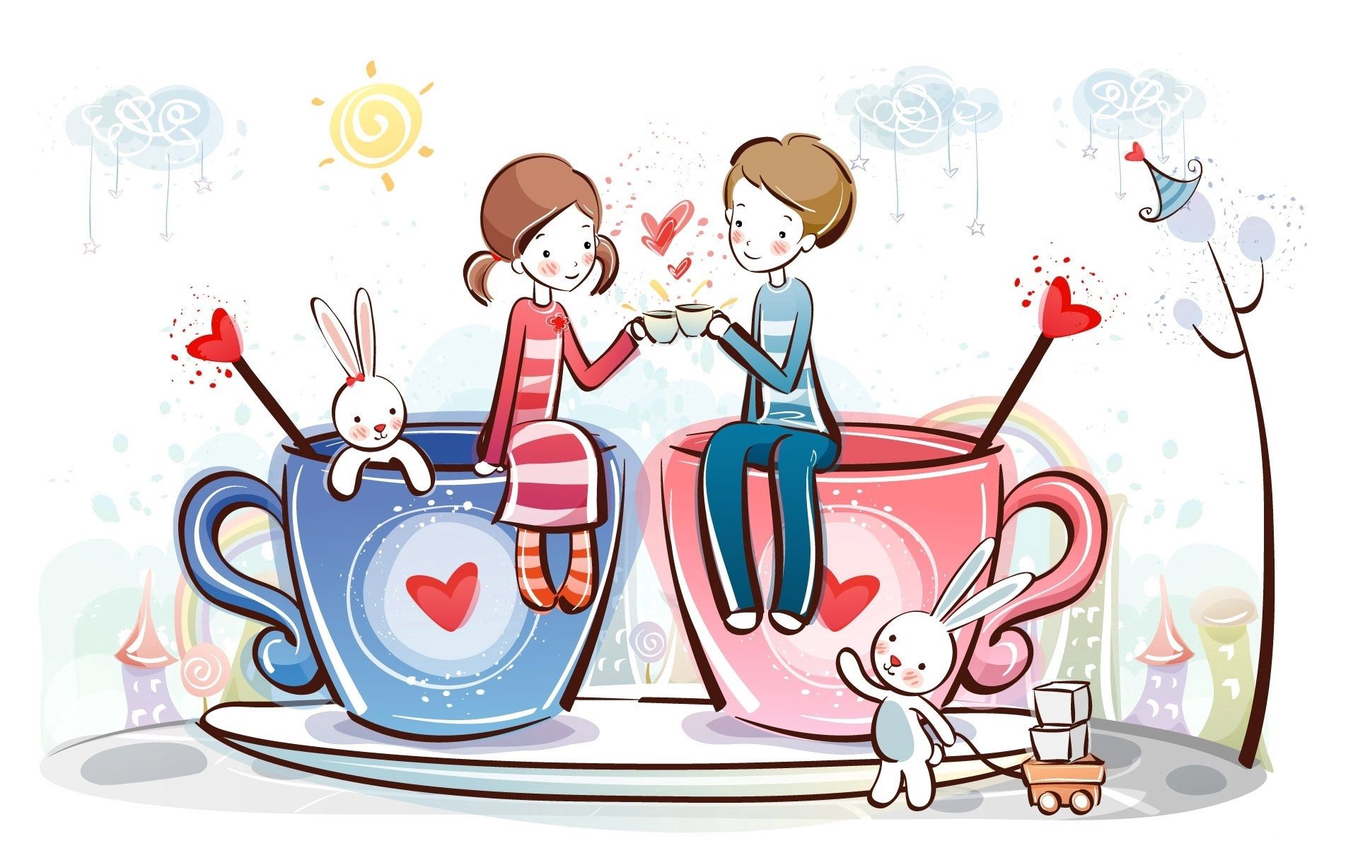 couple, pair, hearts, tea drinking, love, sun, cups, tea party, hares