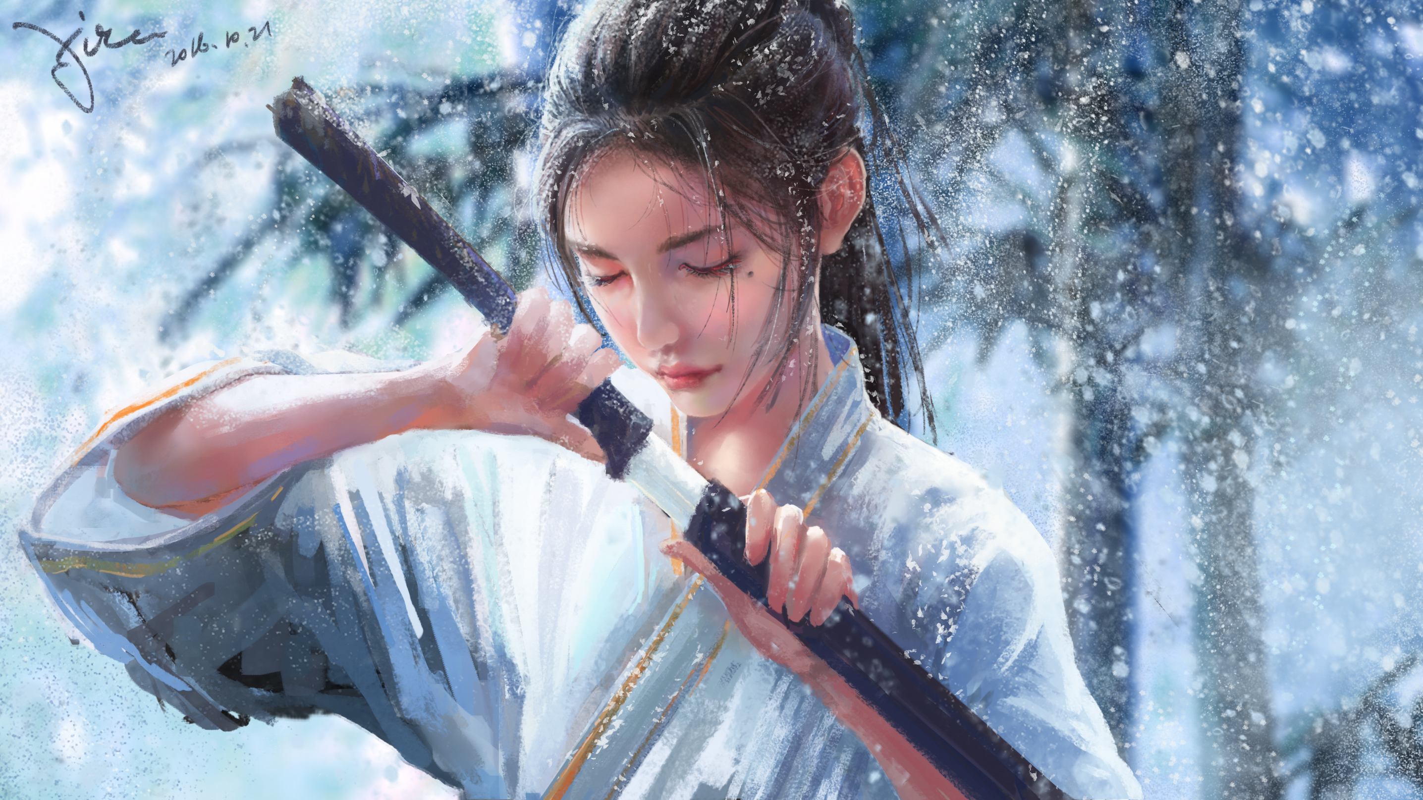 931688 скачать обои самурай, женщина воин, снежинки, снегопад, фэнтези - заставки и картинки бесплатно