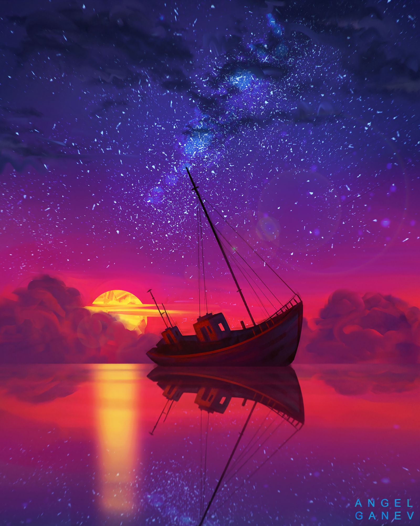 android sunset, art, horizon, ship, full moon