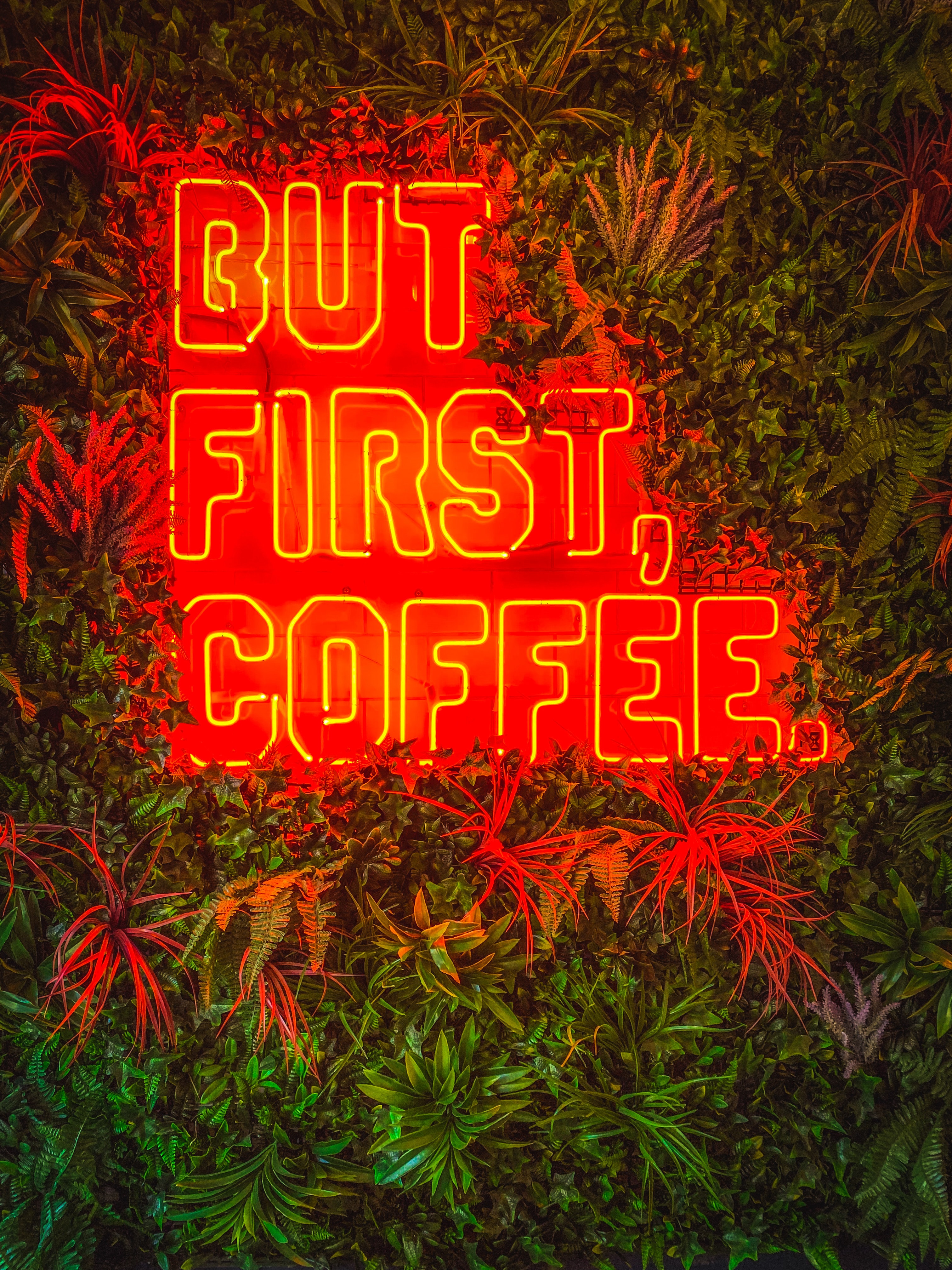 Download mobile wallpaper Coffee, Neon, Plants, Words, Inscription for free.