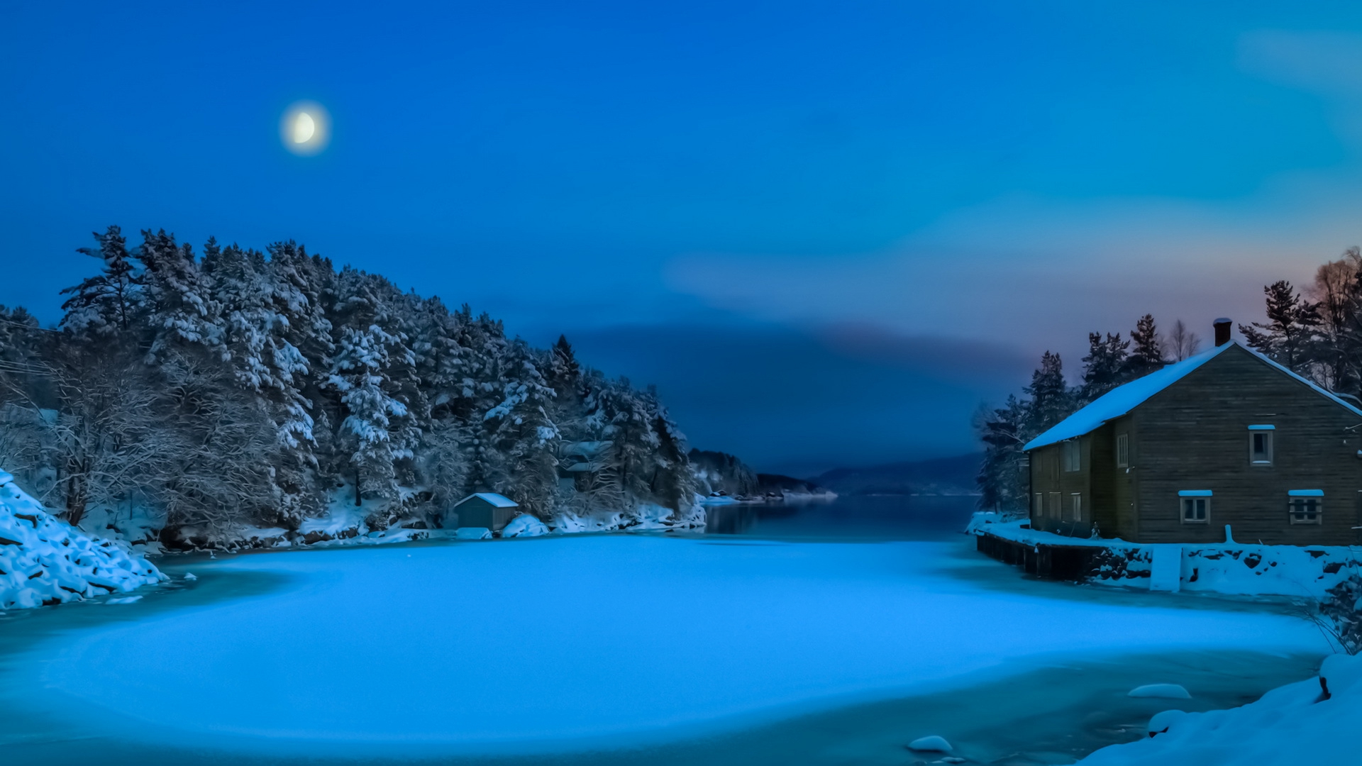 man made, house, bay, moon, night, norway, snow, tree, winter lock screen backgrounds