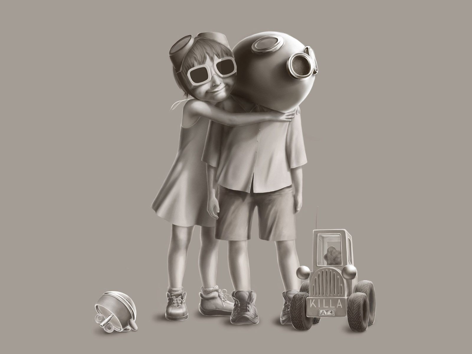 children, picture, mask, love, toys, couple, pair, car, drawing, machine, embrace for android