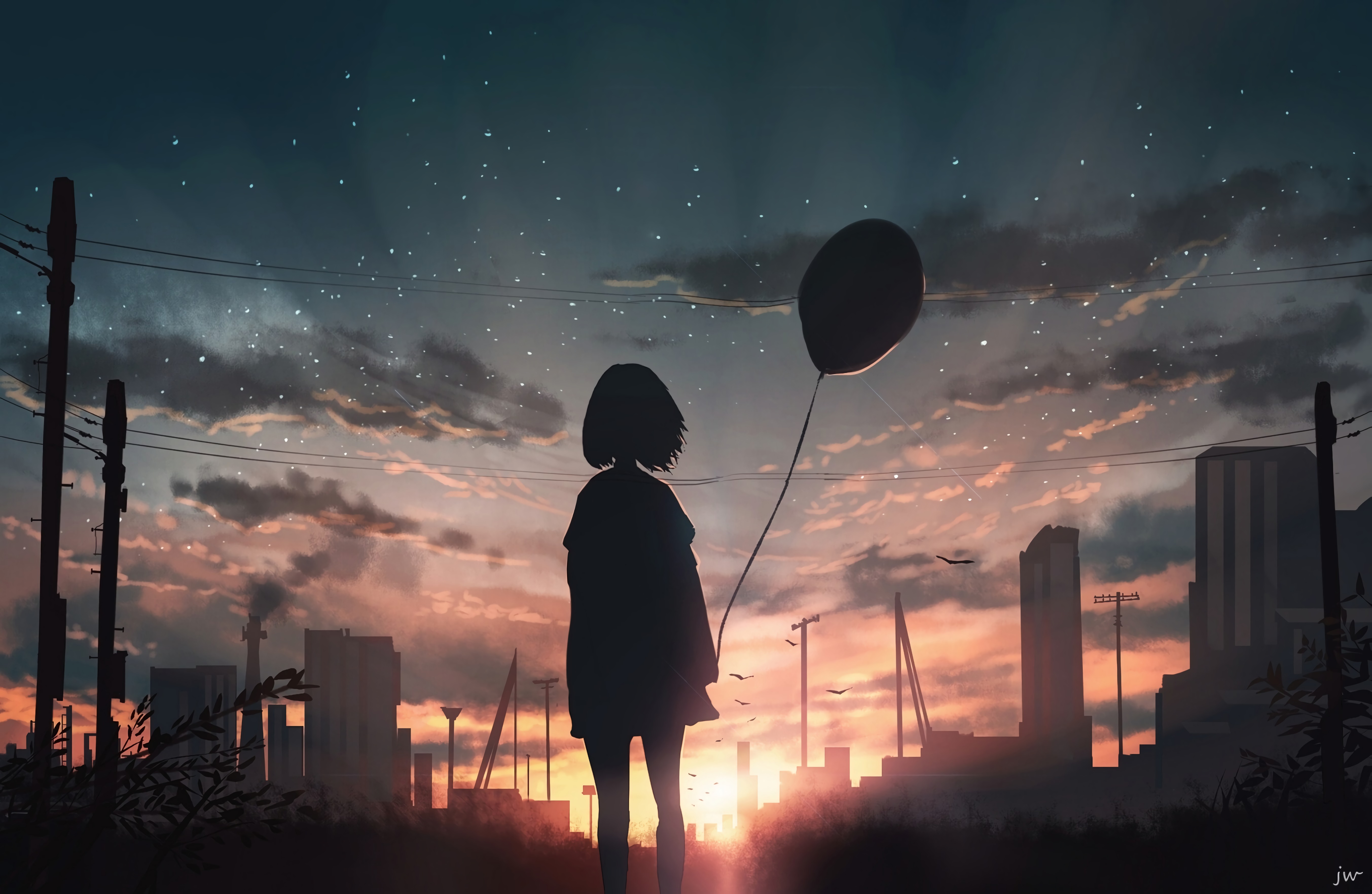 girl, silhouette, art, sunset, starry sky, balloon High Definition image