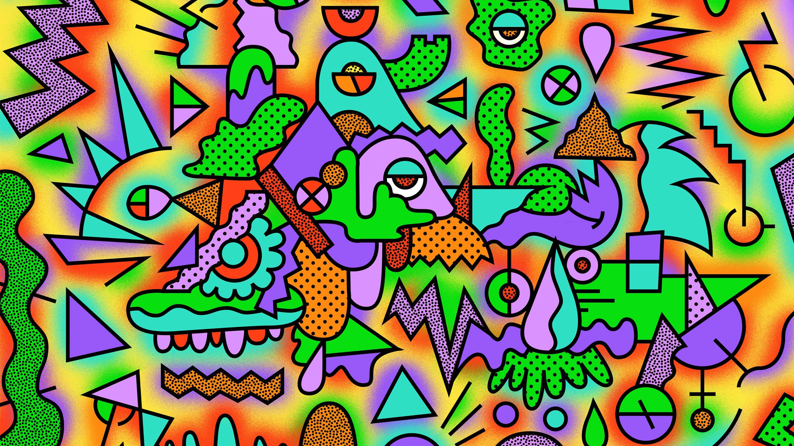 abstract, drawing, figurines, multicolored, motley, picture, figures, acid