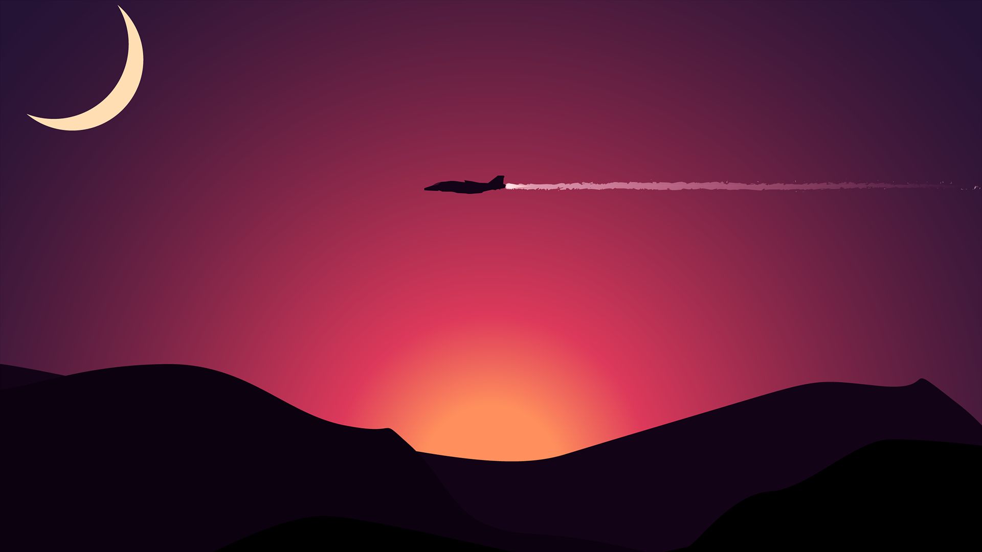 military, artistic, airplane, crescent, minimalist, sunset