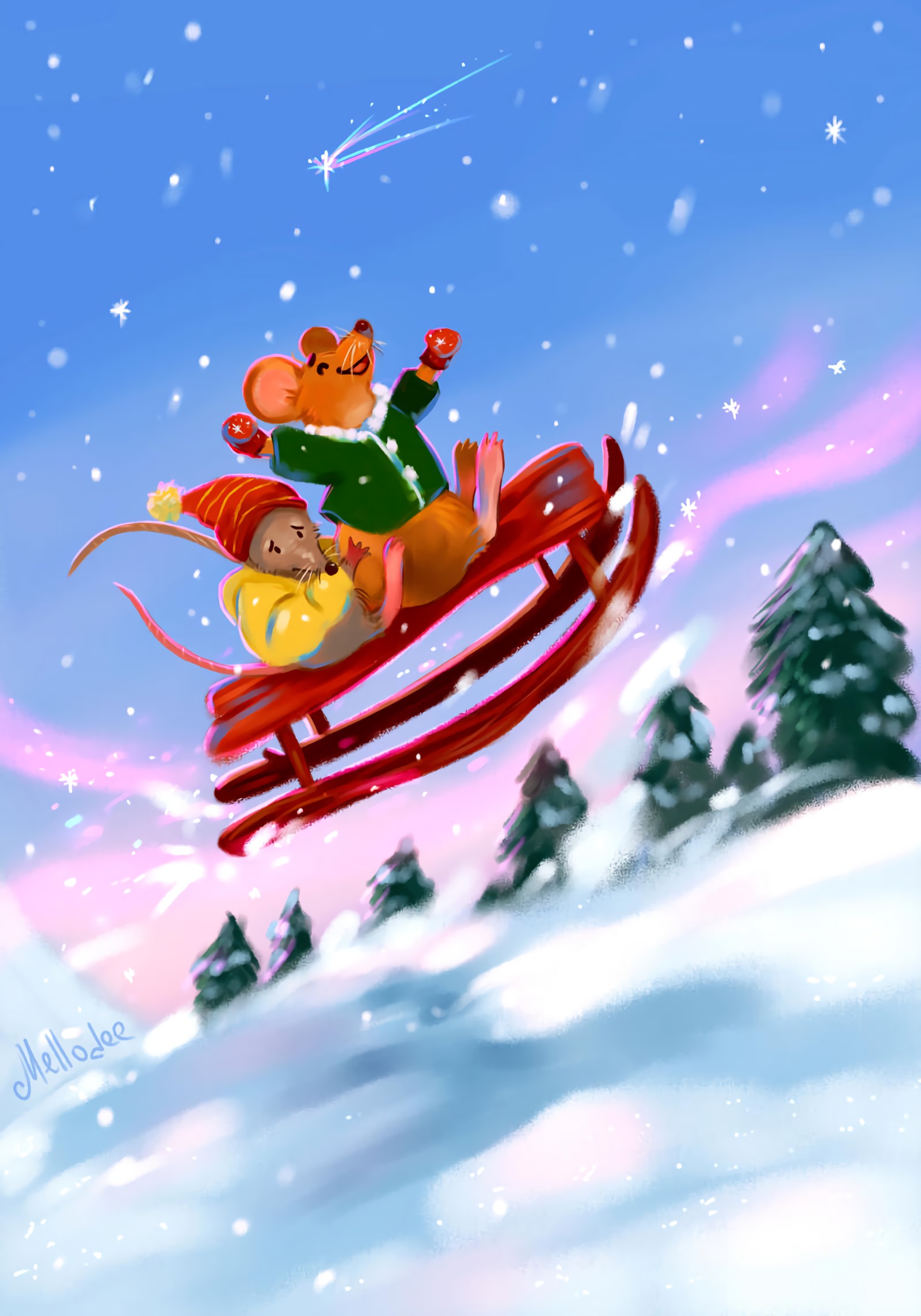 68948 download wallpaper winter, art, mice, snow, sledge, sled screensavers and pictures for free