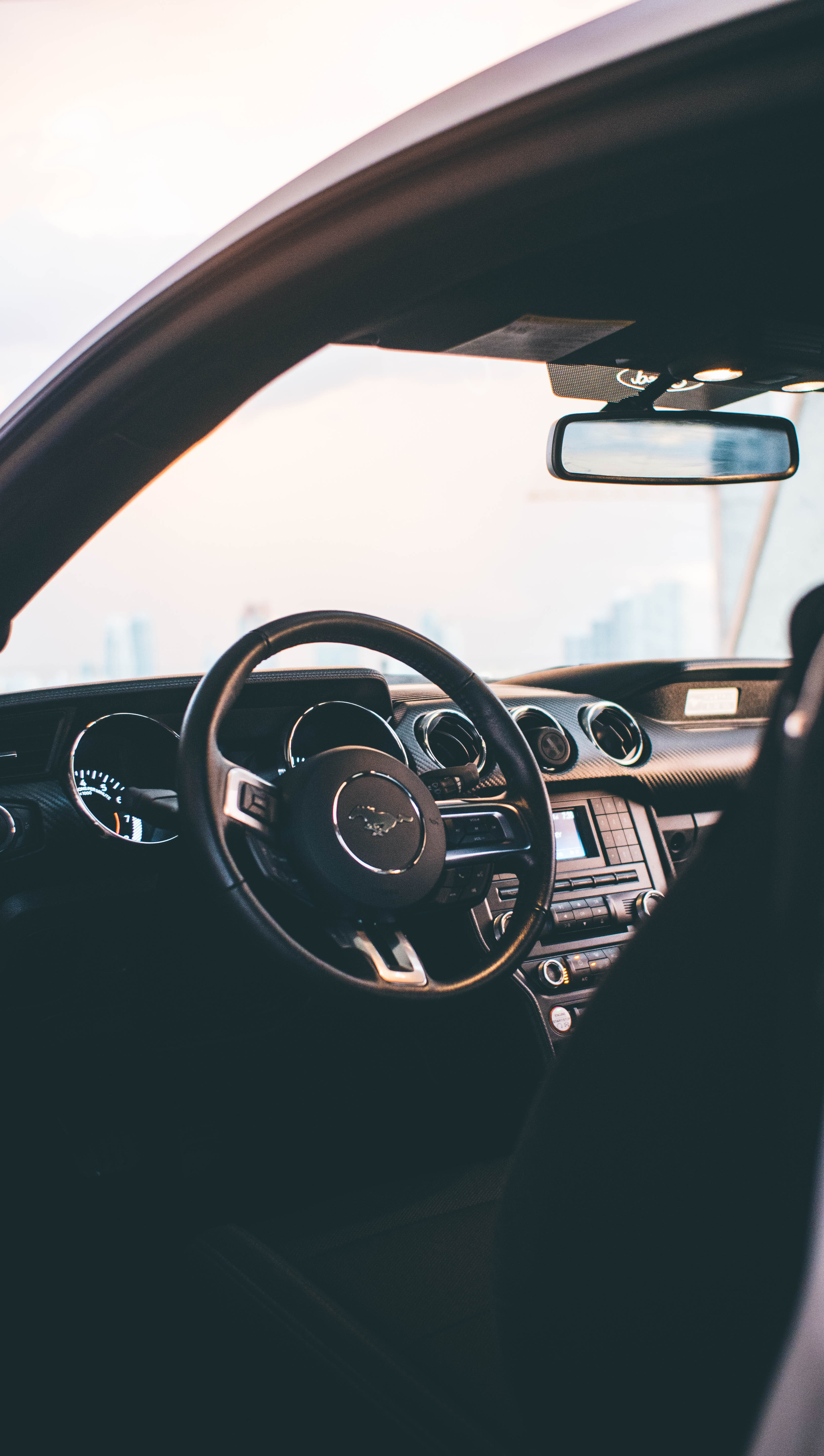 mustang, cars, black, car, steering wheel, rudder, salon Phone Background