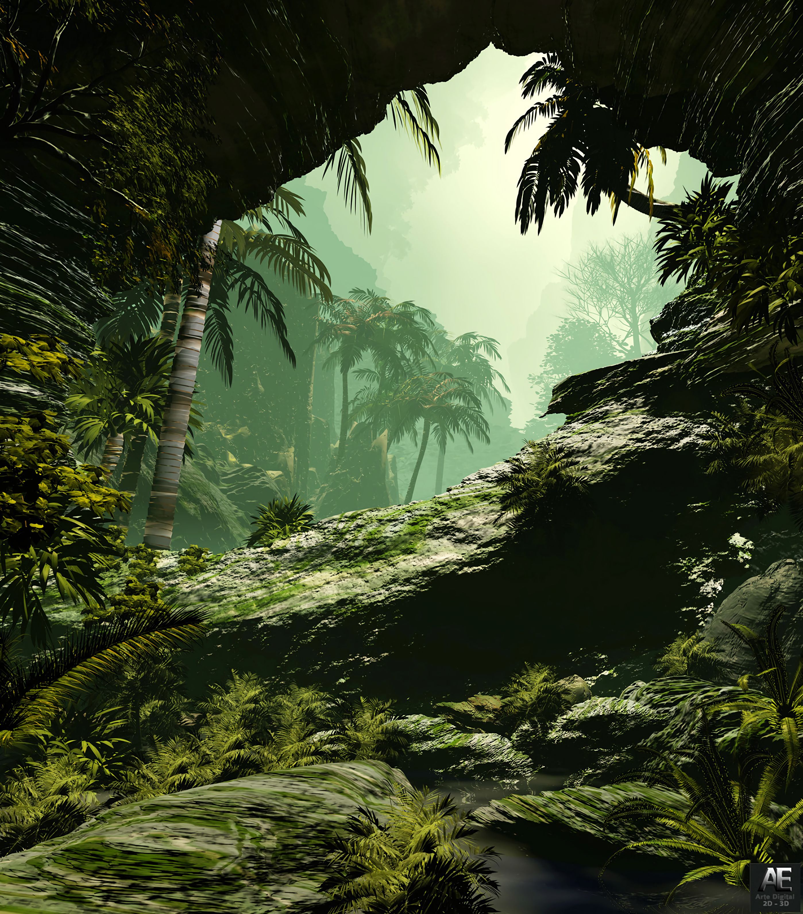 Mobile wallpaper jungle, art, palms, vegetation