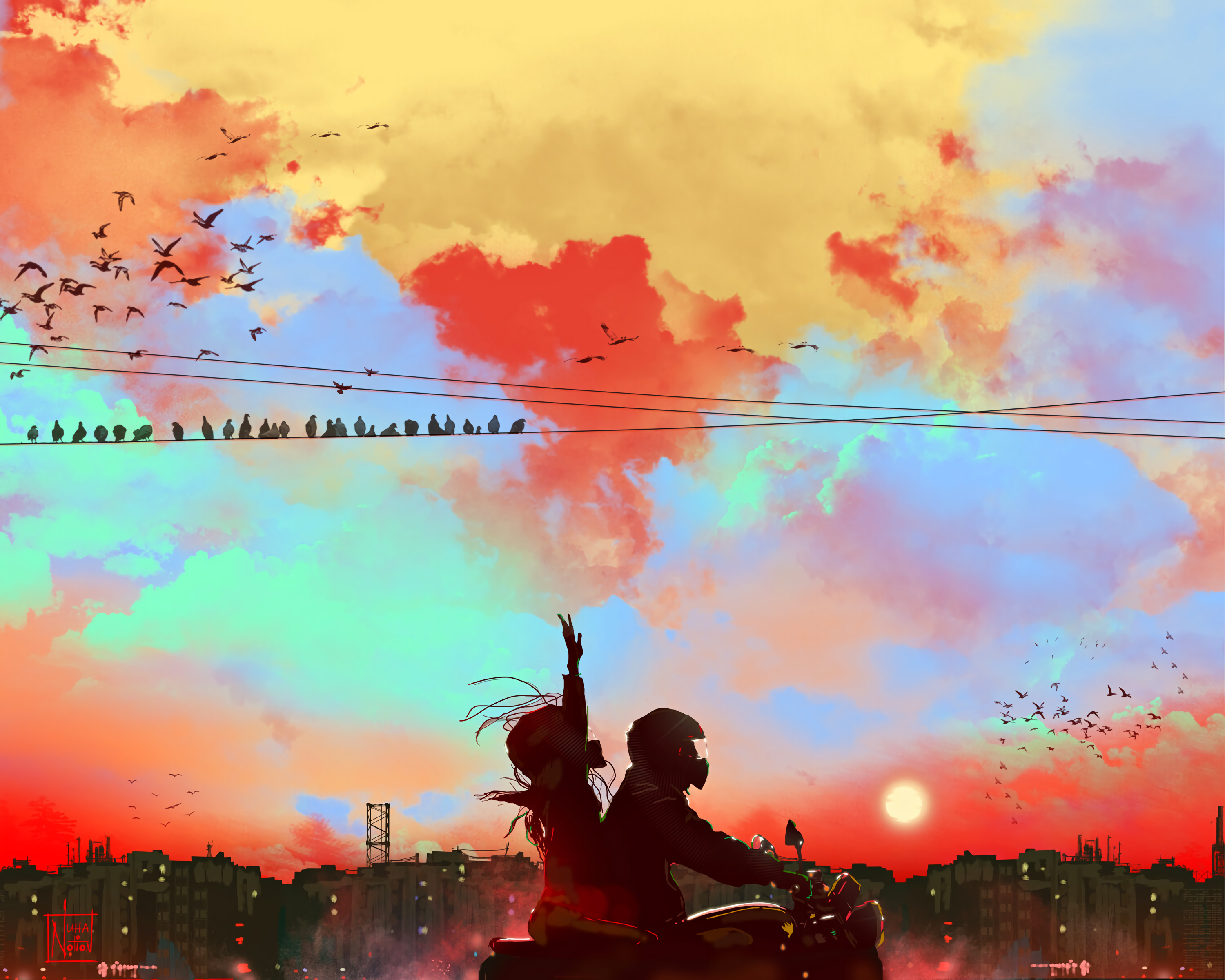 couple, art, motorcyclist, motorcycle, pair, sunset