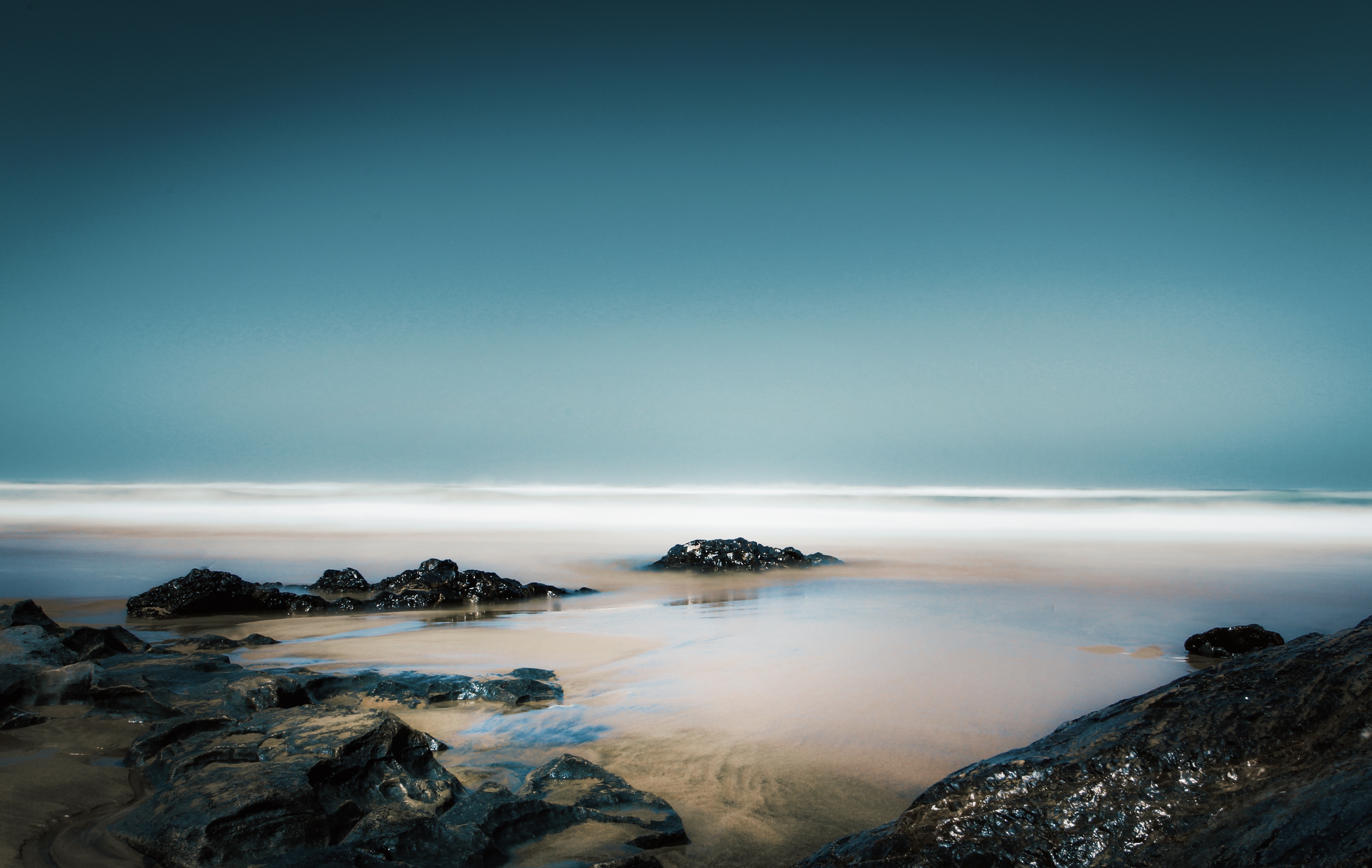 horizon, nature, water, stones, shore, bank, fog