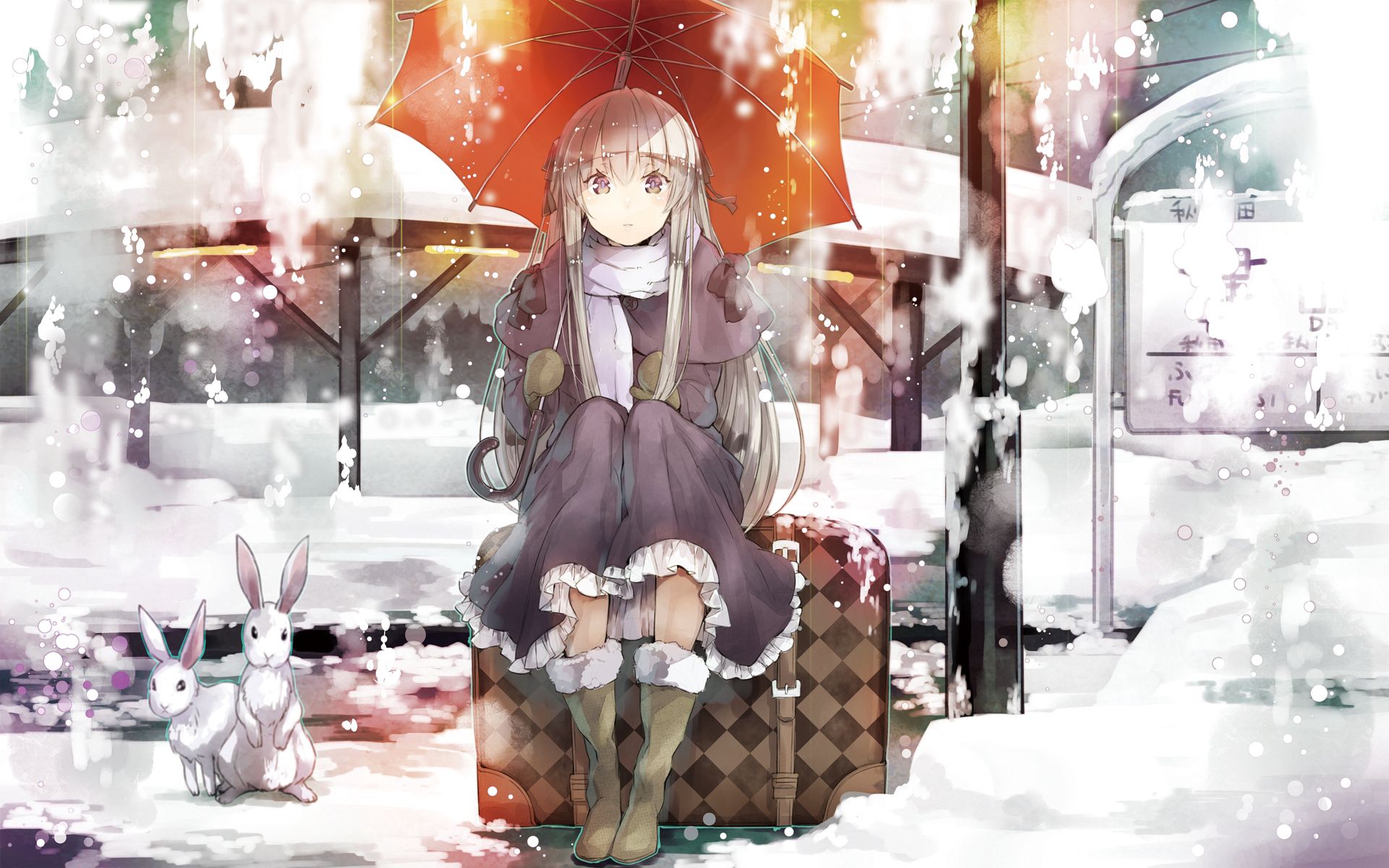 Laden Sie das Anime, Mädchen, Schnee, Regenschirm, Hase-Bild kostenlos auf Ihren PC-Desktop herunter