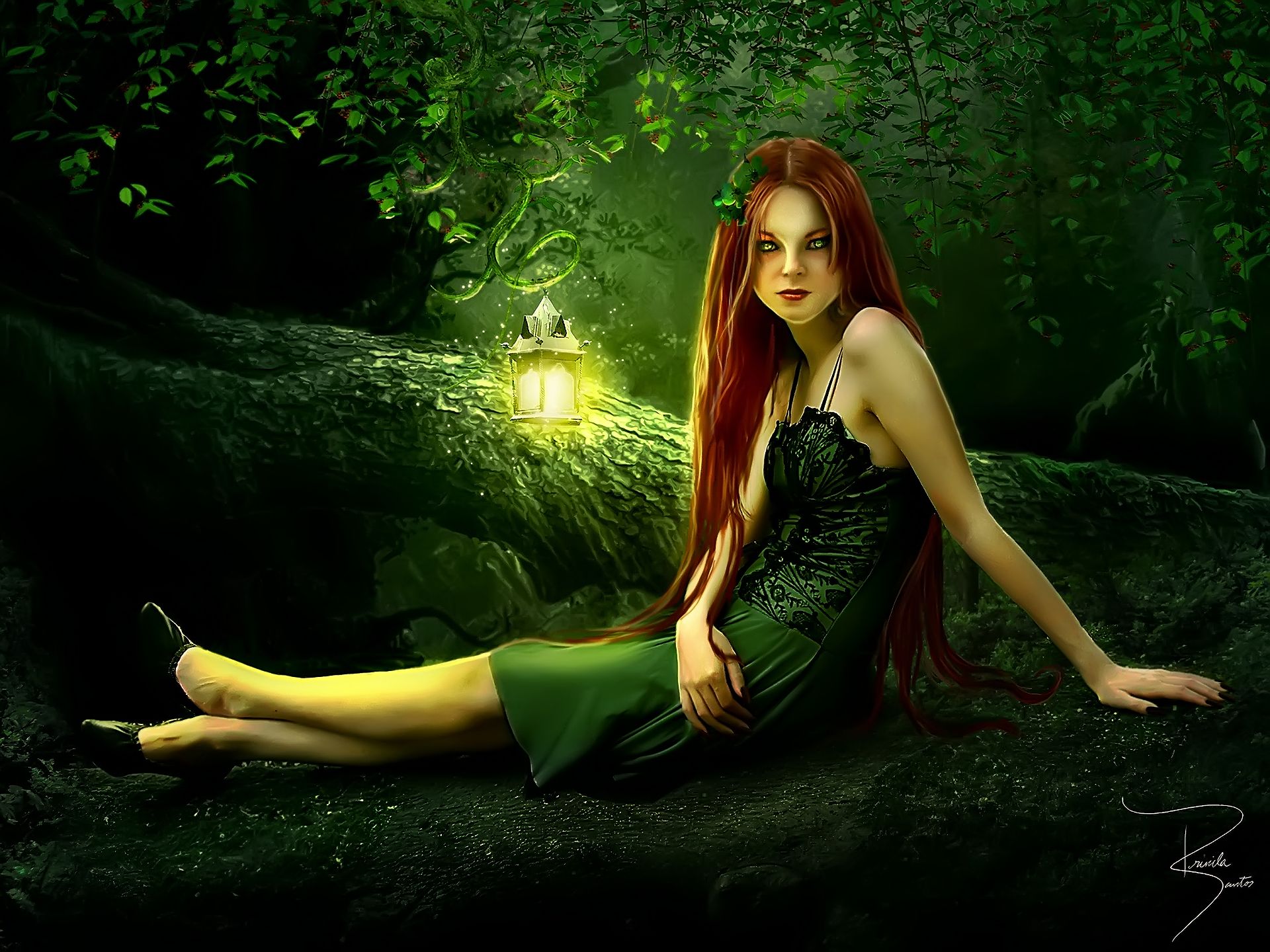 green, fantasy, women, forest, green dress, green eyes, lantern, log, long hair