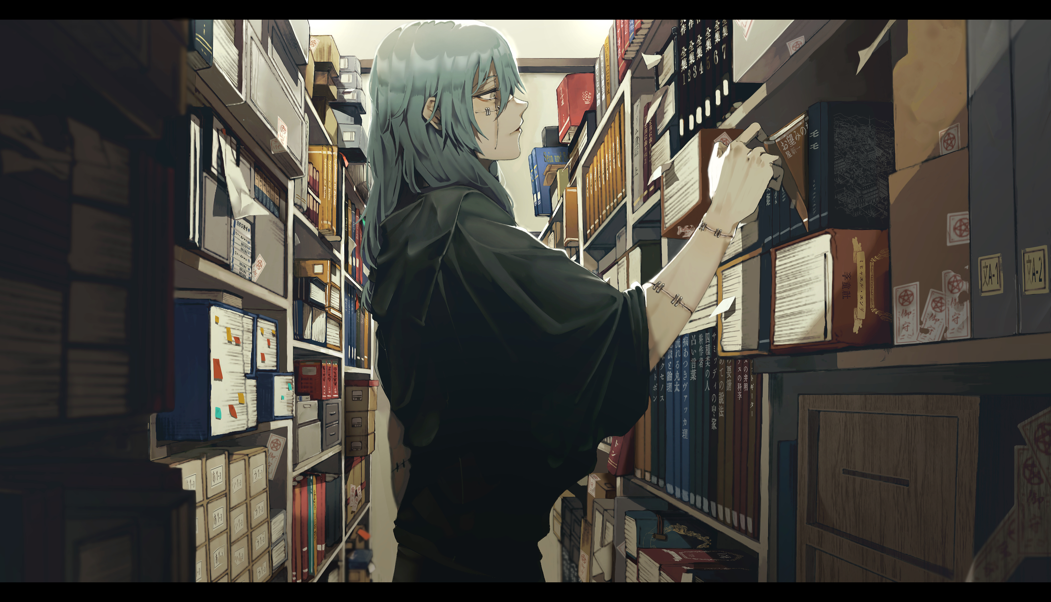 anime, jujutsu kaisen, blue hair, library, mahito (jujutsu kaisen)