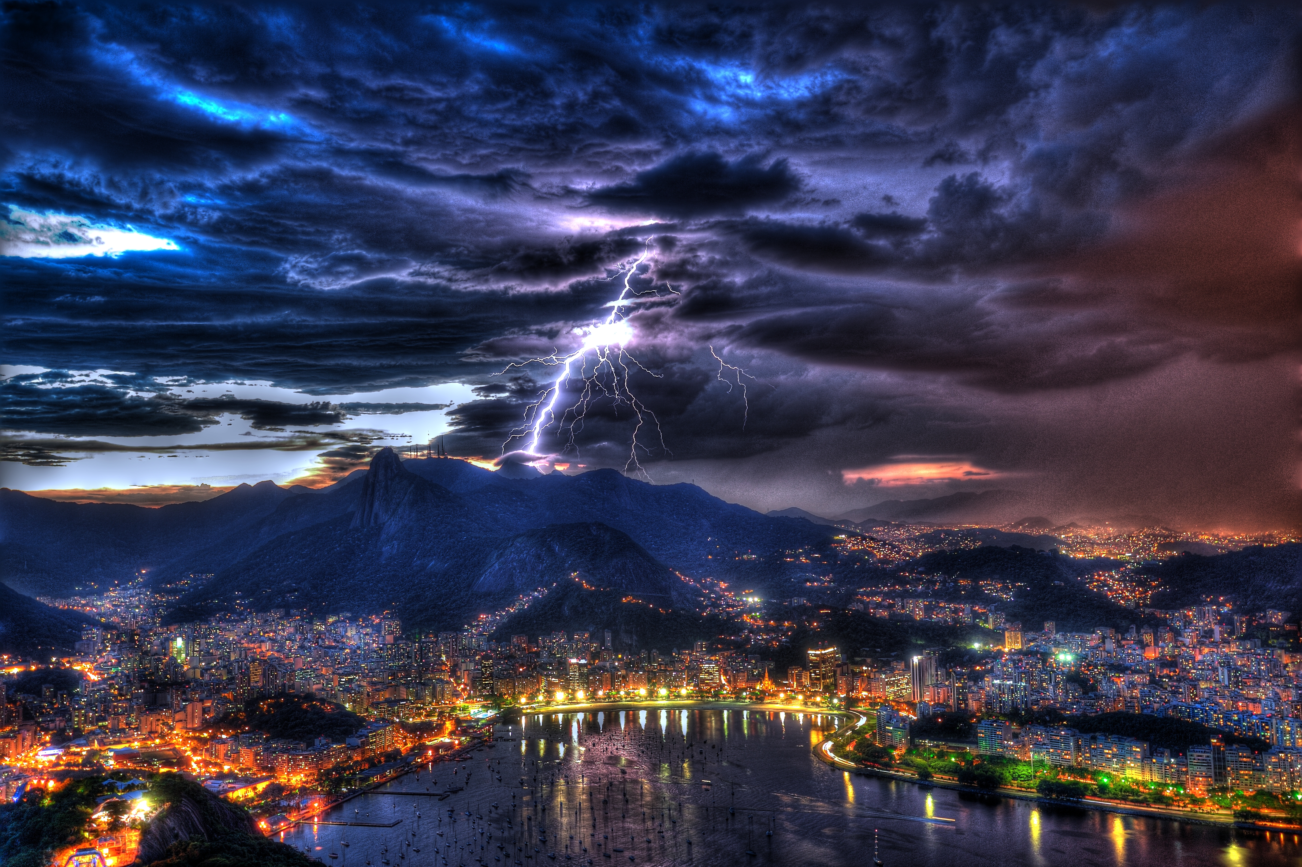 storm, mountain, man made, lightning, cities, bay, brazil, rio de janeiro, cloud