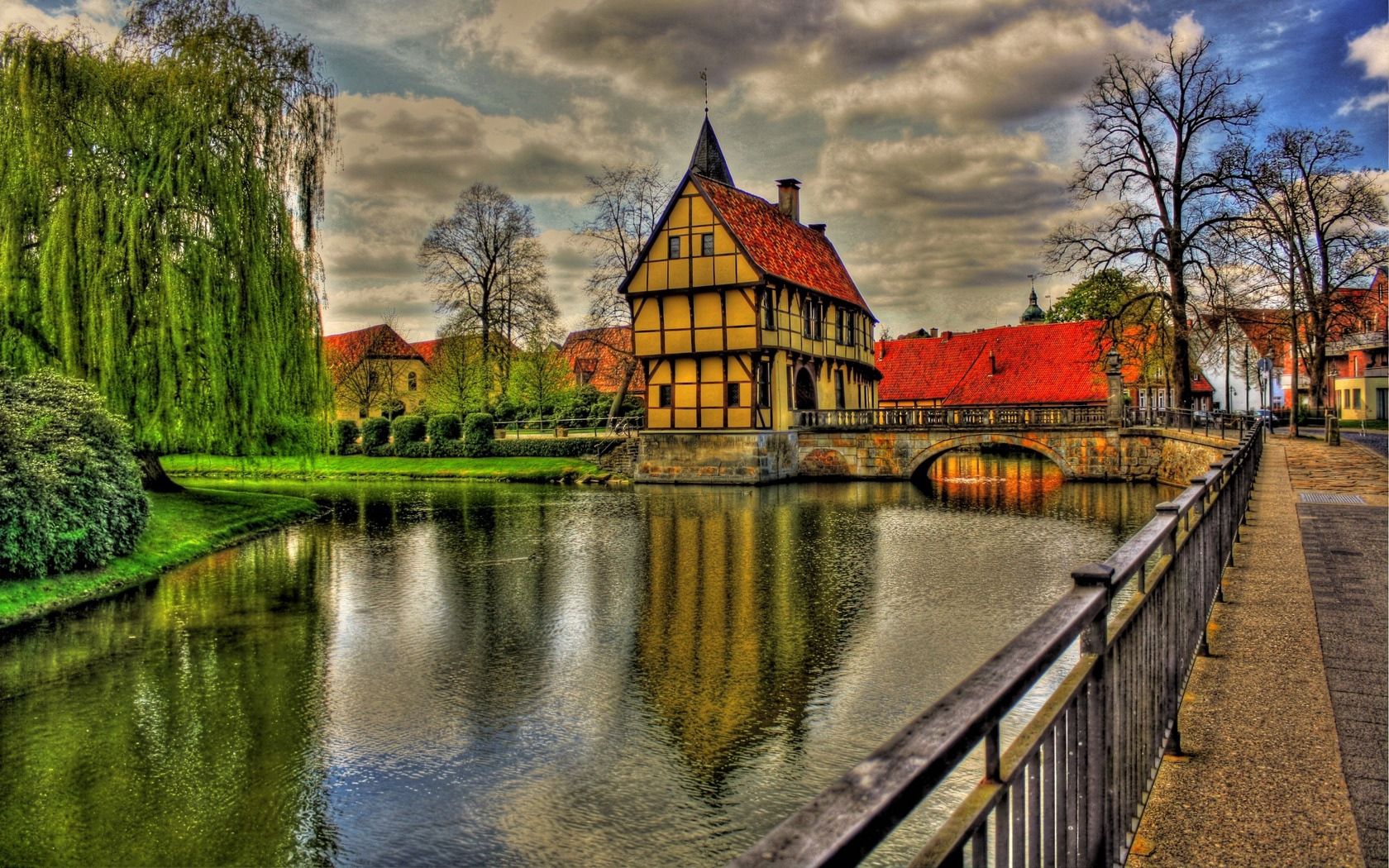 Download mobile wallpaper Architecture, Hdr, Cities, Rivers, Germany, Grass, Trees, Water, Houses, Sky, Clouds, City, Reflection, Road, Beauty, House, Bridge, Colors, Color, View, Colorful for free.