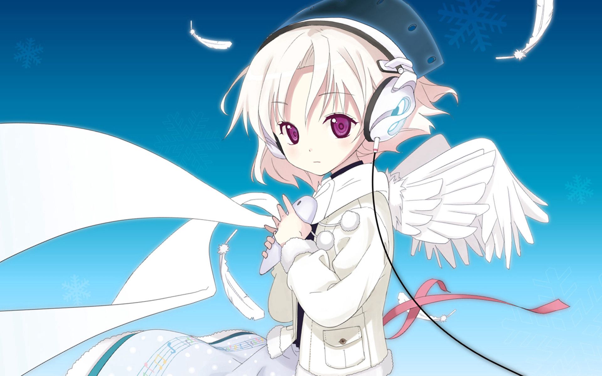 64077 descargar fondo de pantalla anime, la chica, auriculares, pluma, niña, alas, ángel, bolígrafo: protectores de pantalla e imágenes gratis