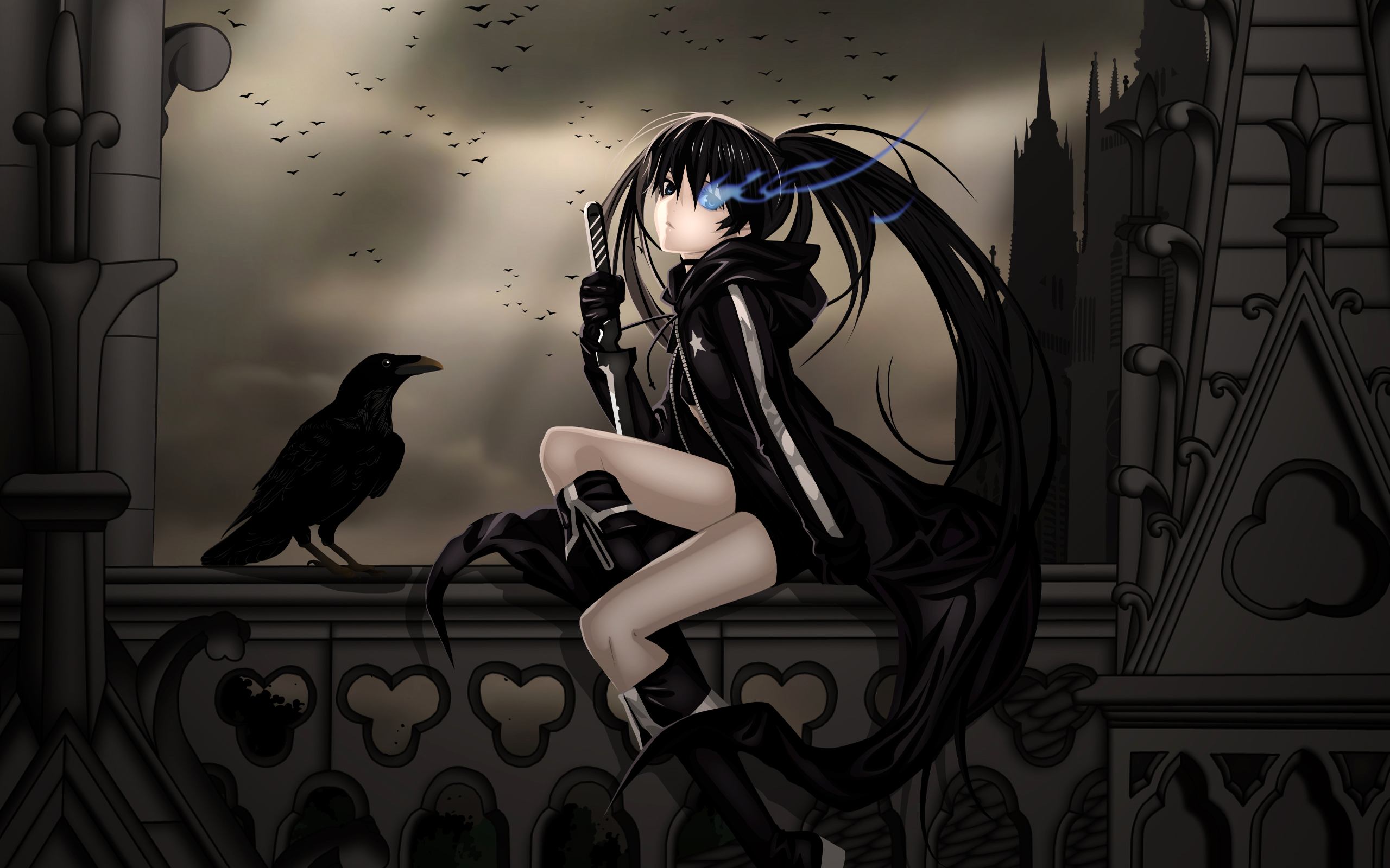 anime, blue eyes, black rock shooter, bird, crow, raven