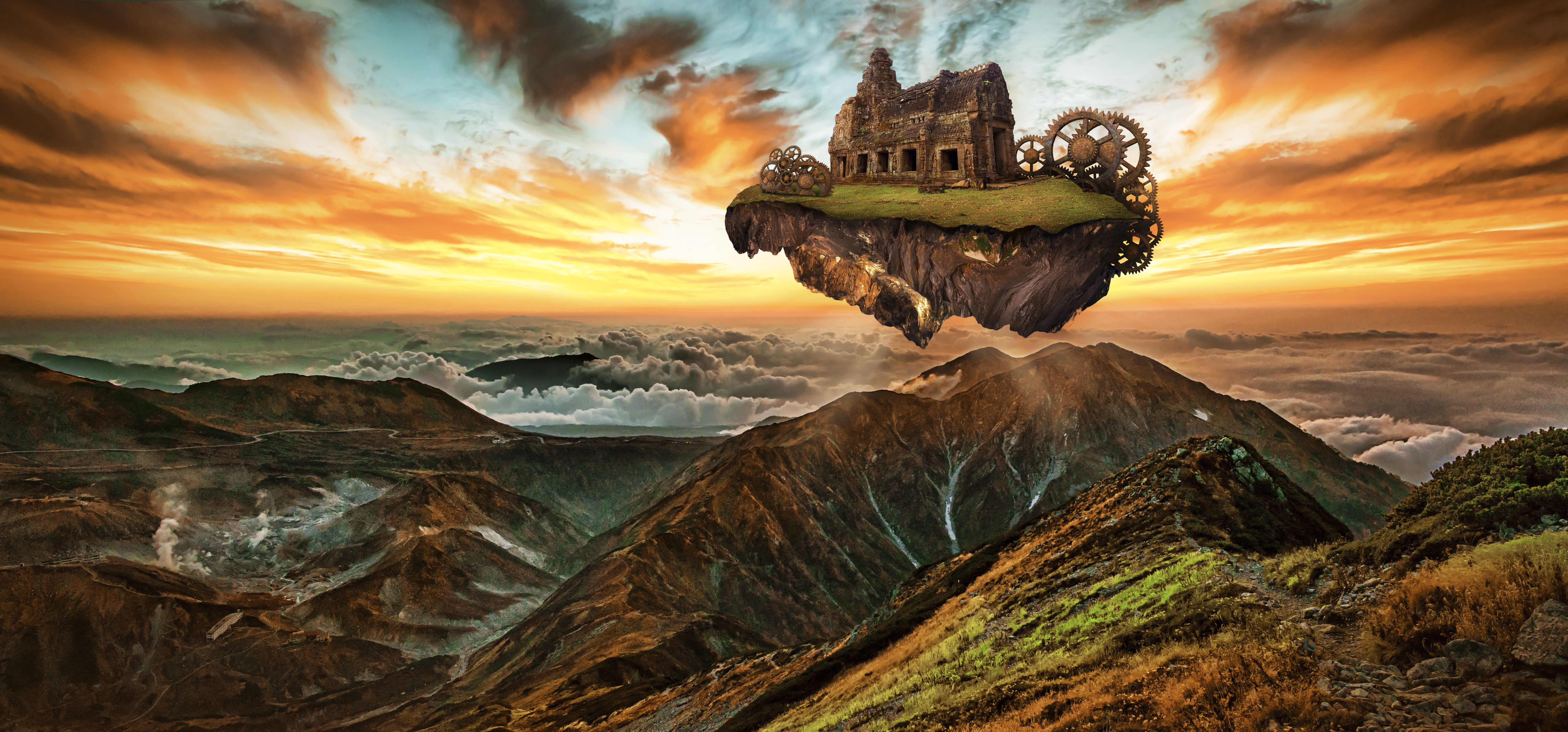 136695 download wallpaper structure, fantasy, mountains, photoshop, imagination, engine, gears, steampunk screensavers and pictures for free