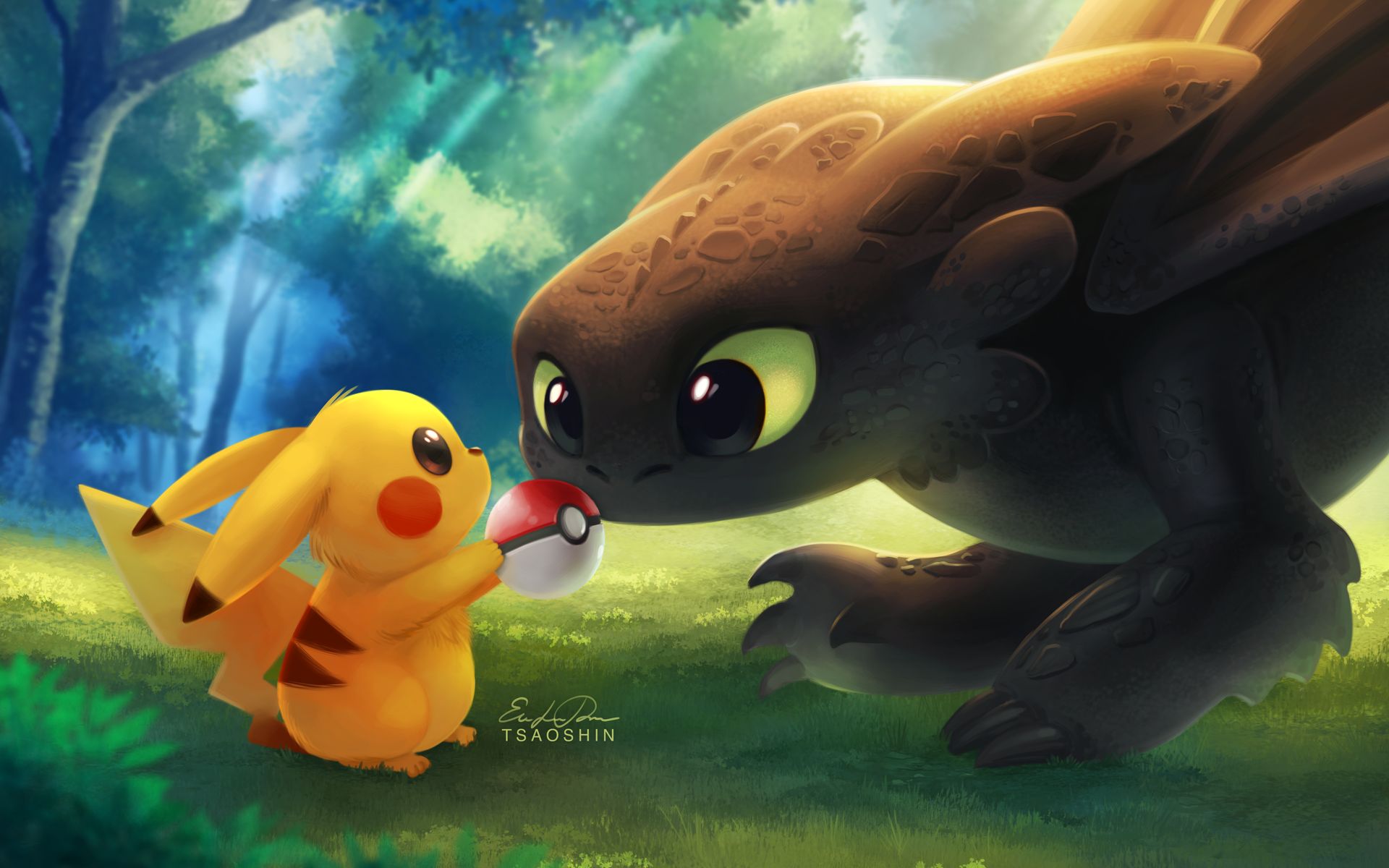 how to train your dragon, movie, crossover, cute, pikachu, pokeball, pokémon, toothless (how to train your dragon)