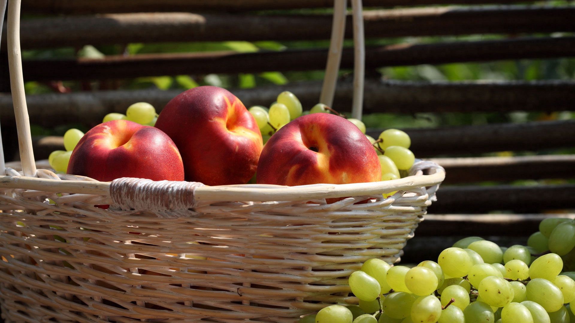 82221 download wallpaper food, grapes, peaches, basket, harvest screensavers and pictures for free