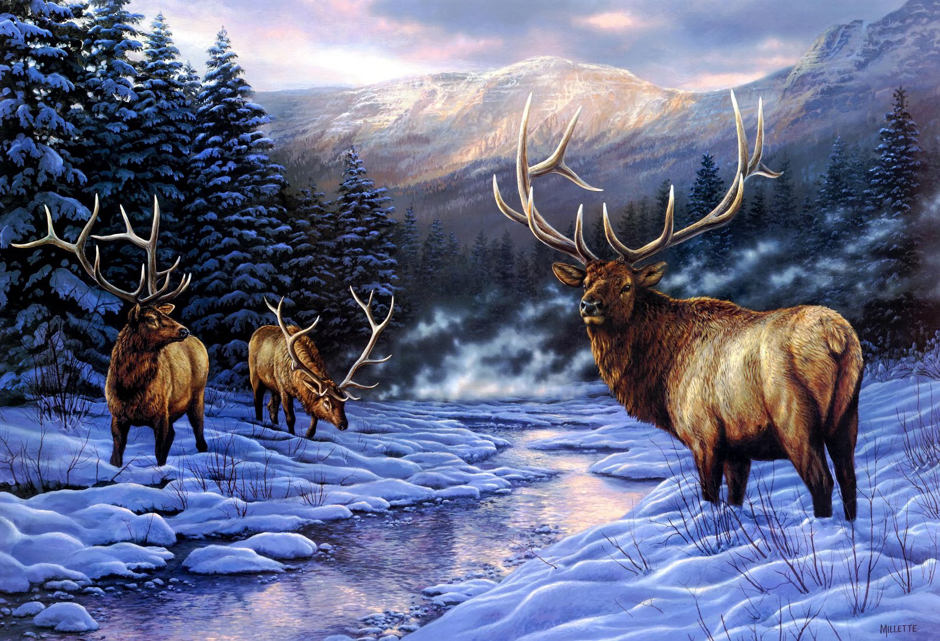 HD desktop wallpaper: Winter, Snow, Forest, Tree, Painting, Deer, Artistic,  River, Buck download free picture #870698