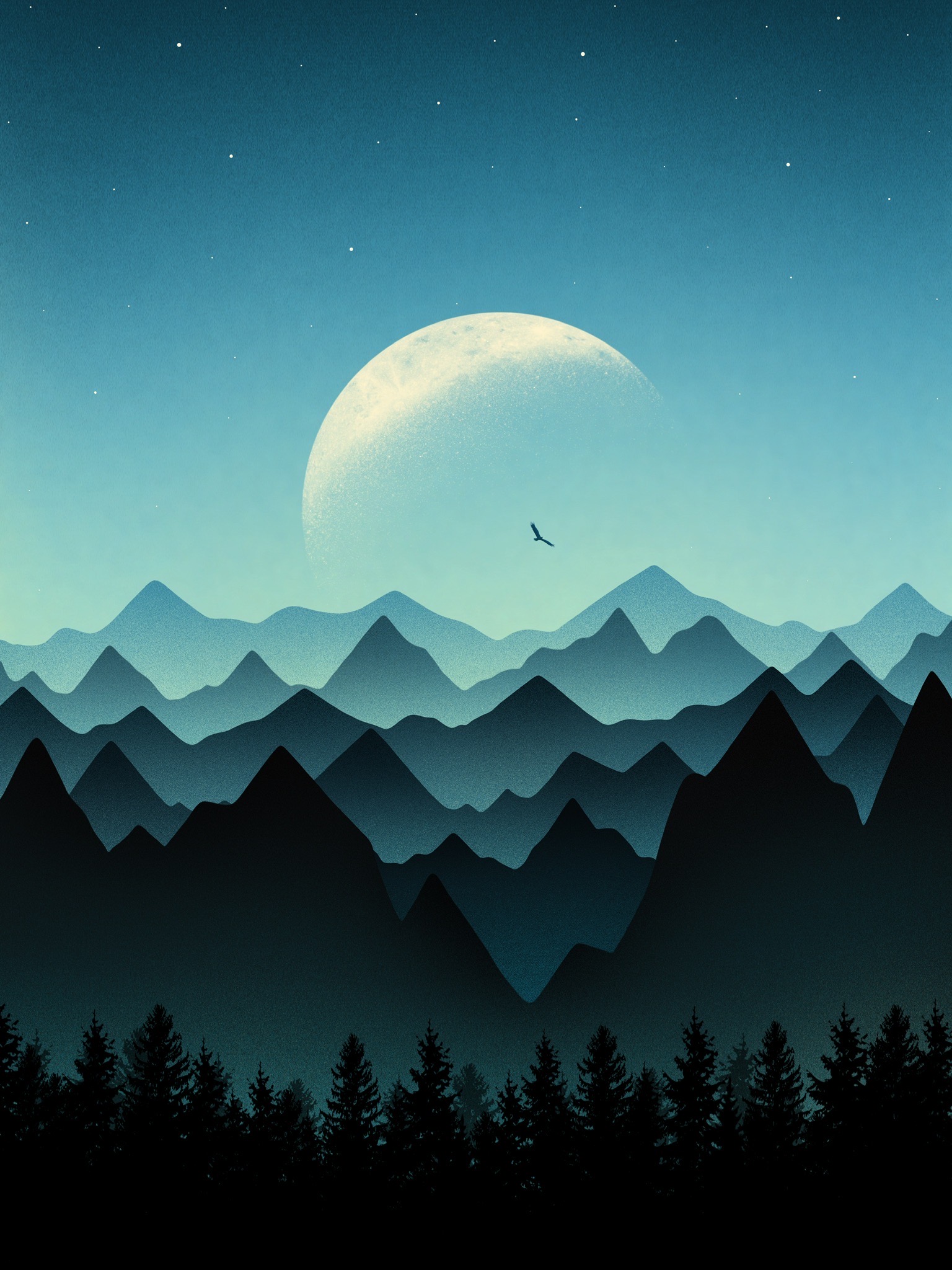 vertical wallpaper art, trees, mountains, moon, vertex, tops