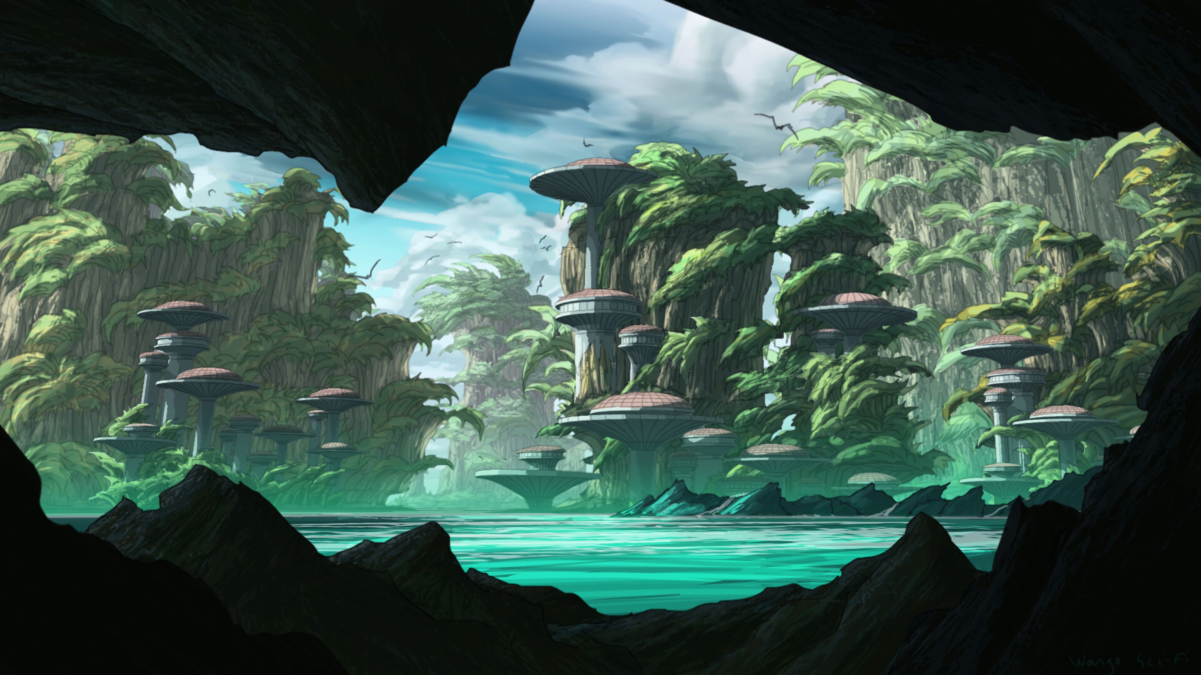 sci-fi, art, building, rocks, island, fiction, that's incredible for android