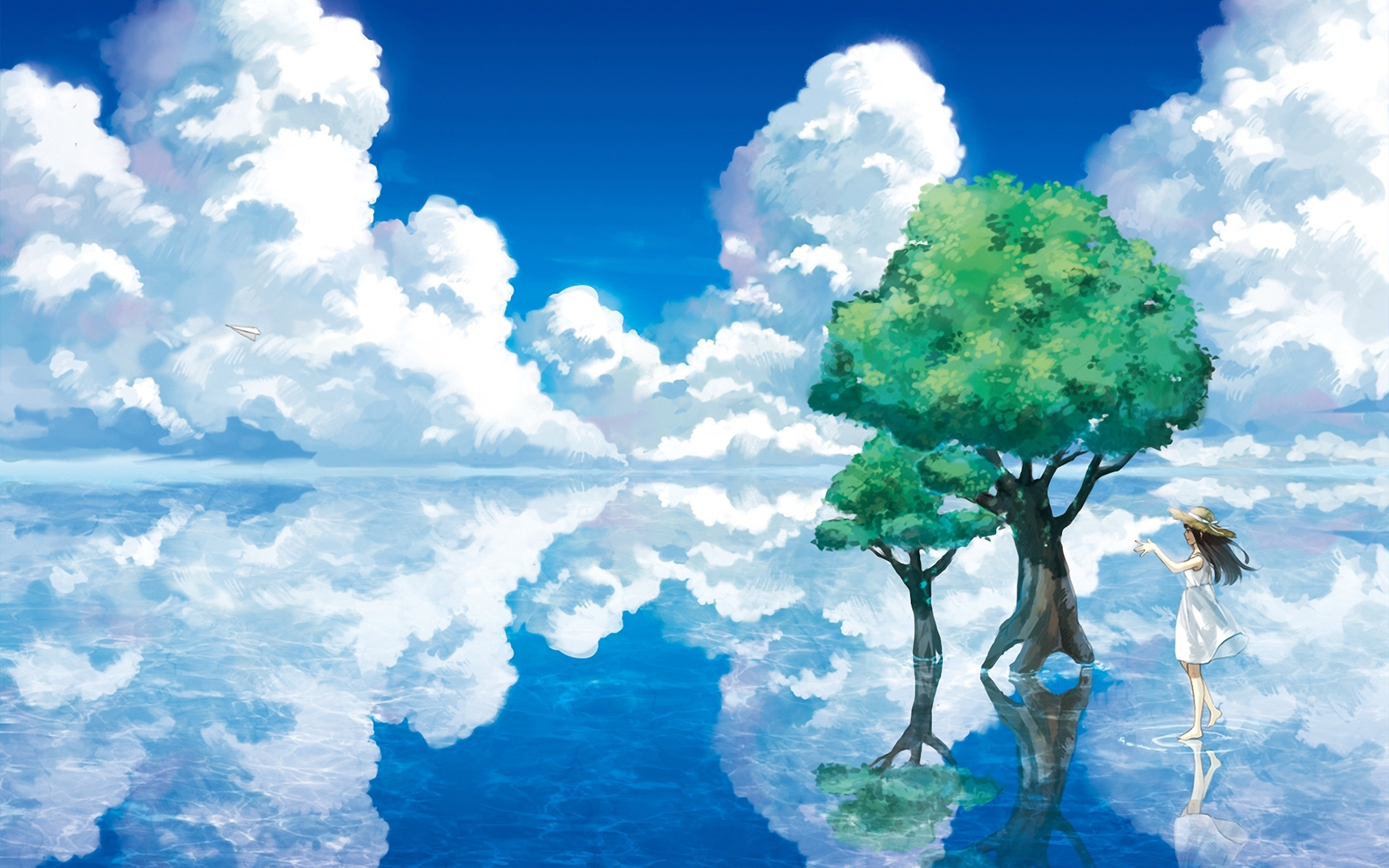tree, original, anime, cloud, reflection, sky 4K