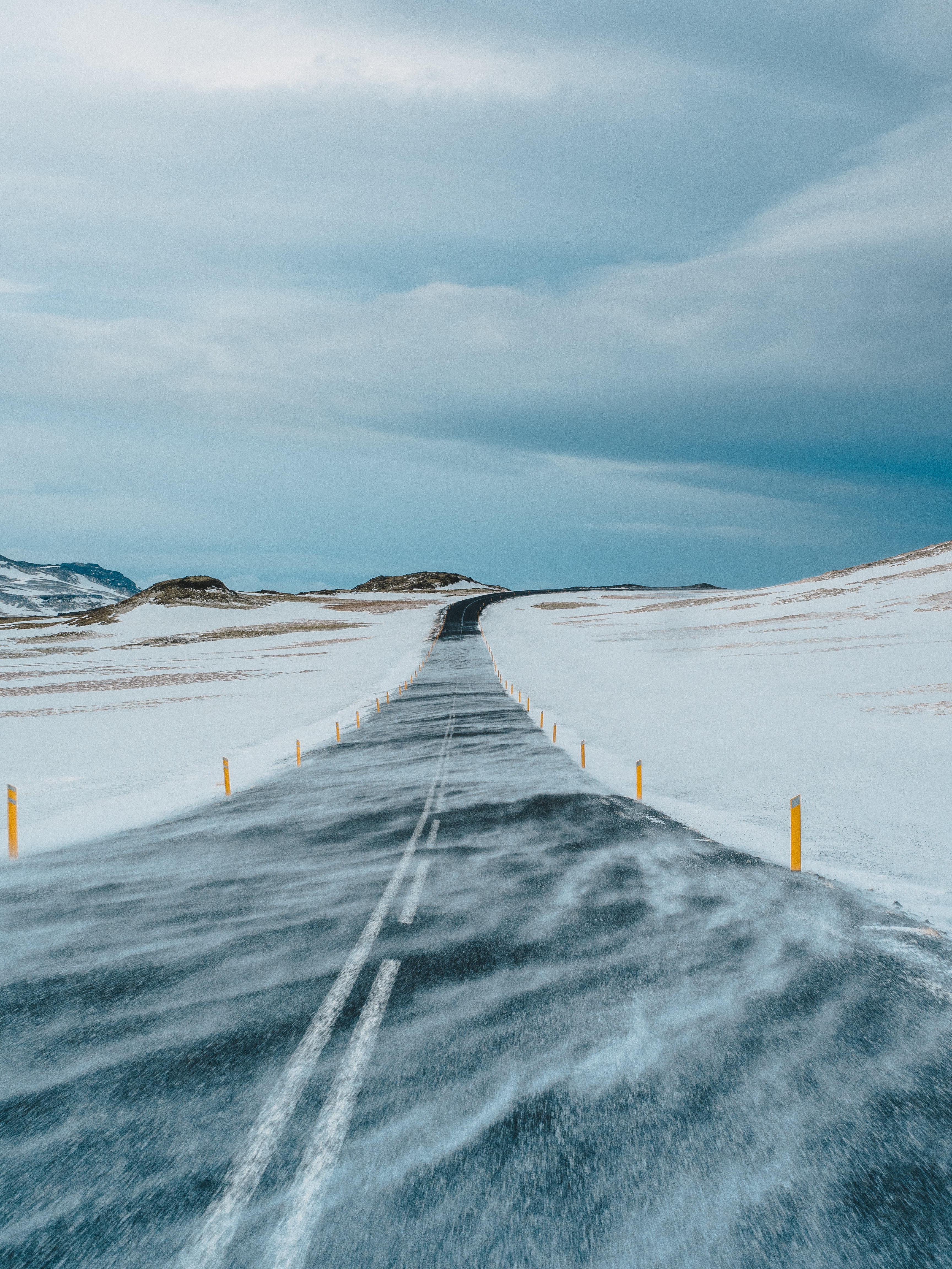 winter, nature, snow, road, markup, direction 8K
