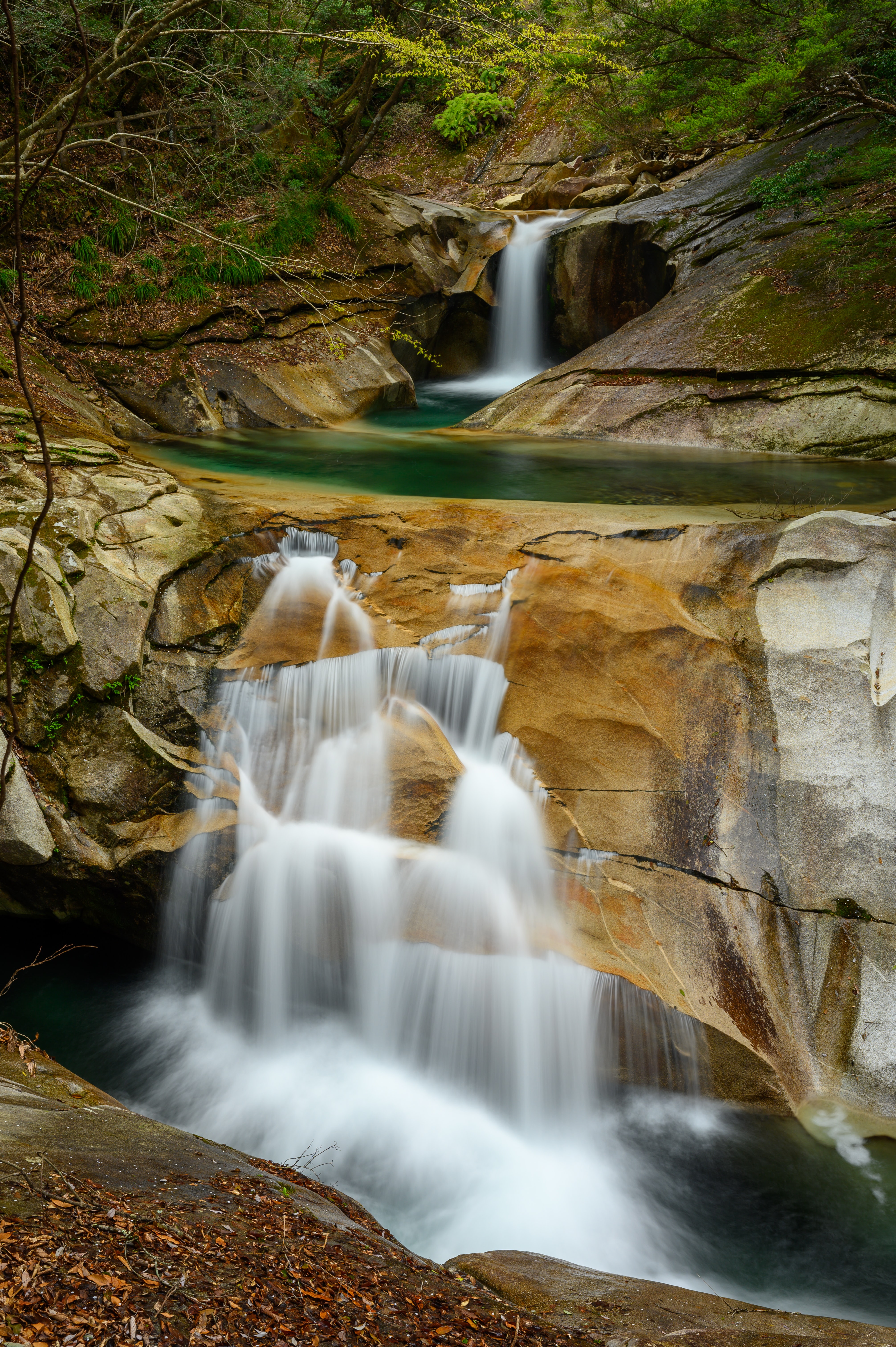 waterfall, nature, trees, rocks, spray, flow, stream HD wallpaper