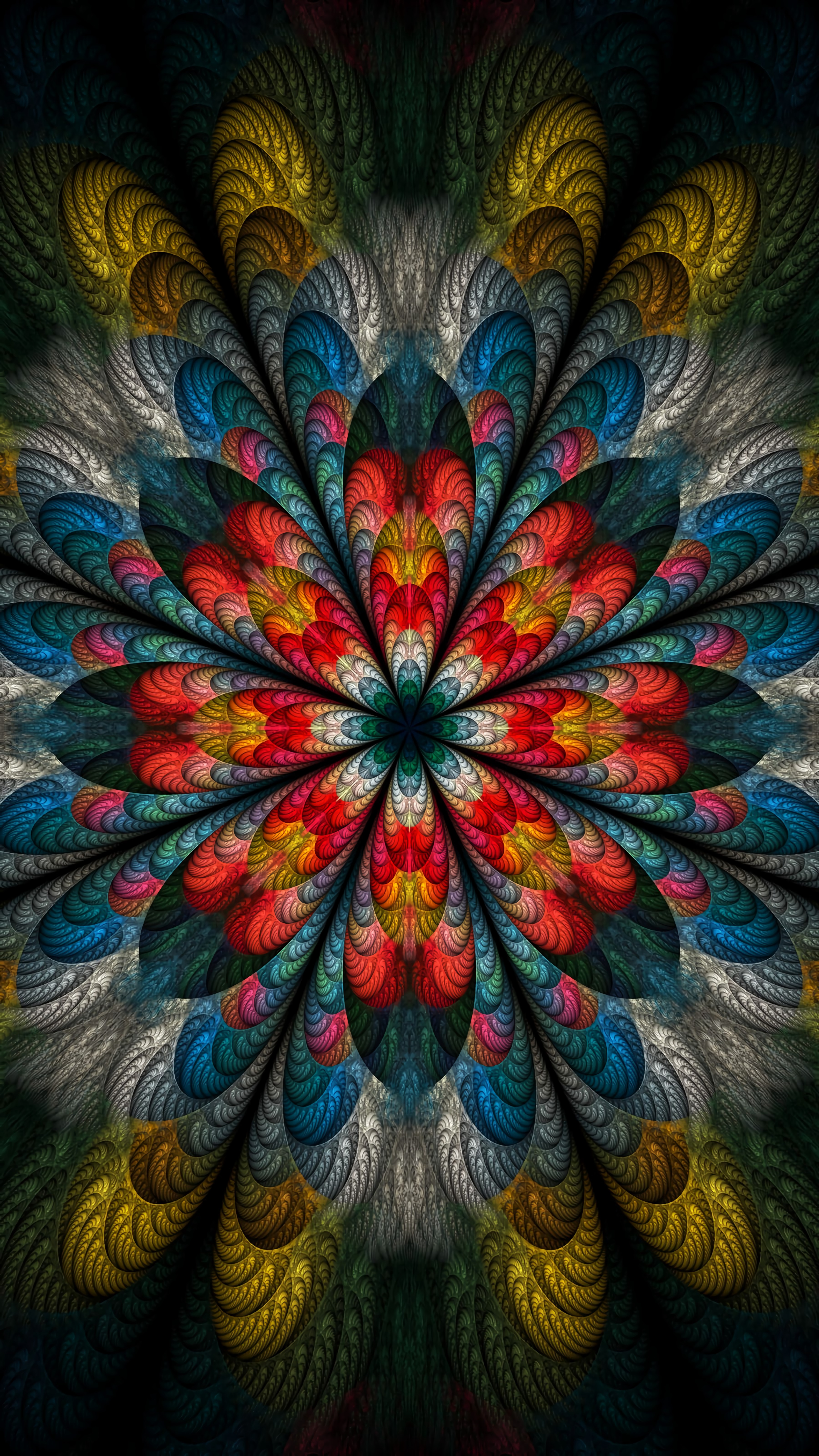 Download mobile wallpaper Abstract, Flower, Multicolored, Motley, Petals, Fractal for free.